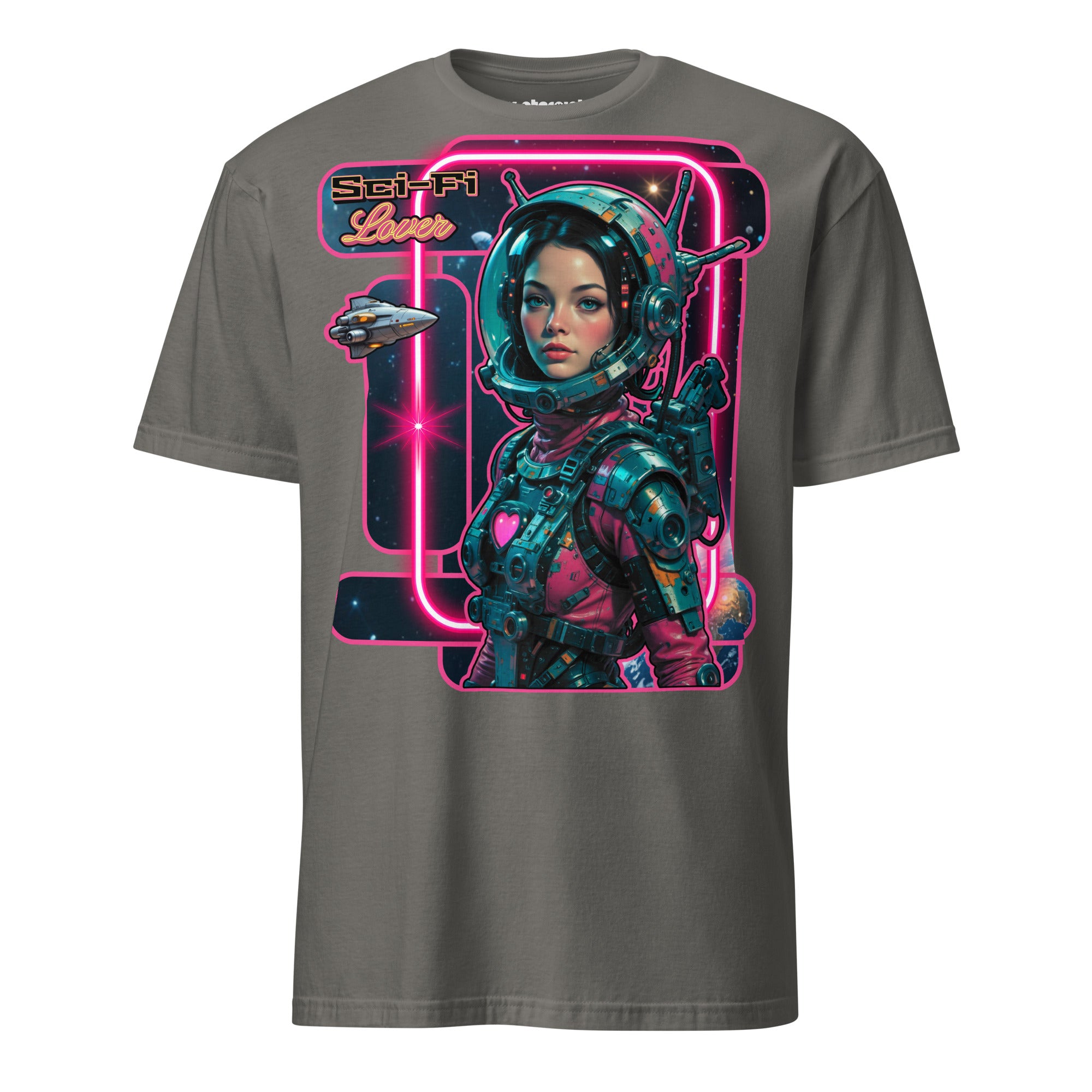 Winterpink T-Shirt Sci-Fi Lover (No. 3) – retro-futuristische Frau im Weltraum mit Art-Deco Rahmen, inspiriert von Vintage Sci-Fi Pulps & Retro-Future Glam