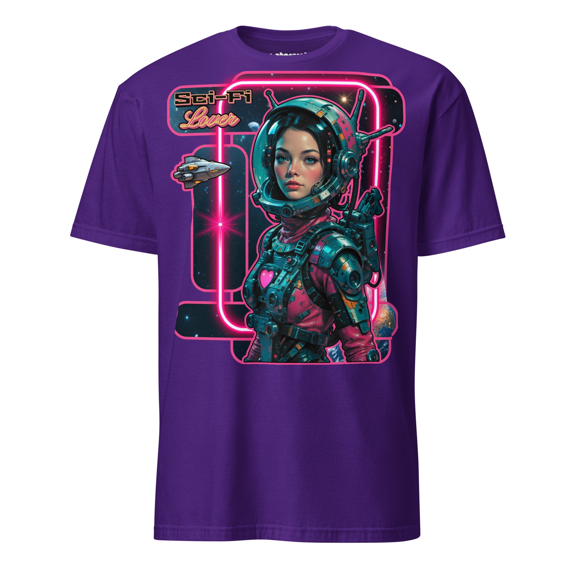 Winterpink T-Shirt Sci-Fi Lover (No. 3) – retro-futuristische Frau im Weltraum mit Art-Deco Rahmen, inspiriert von Vintage Sci-Fi Pulps & Retro-Future Glam