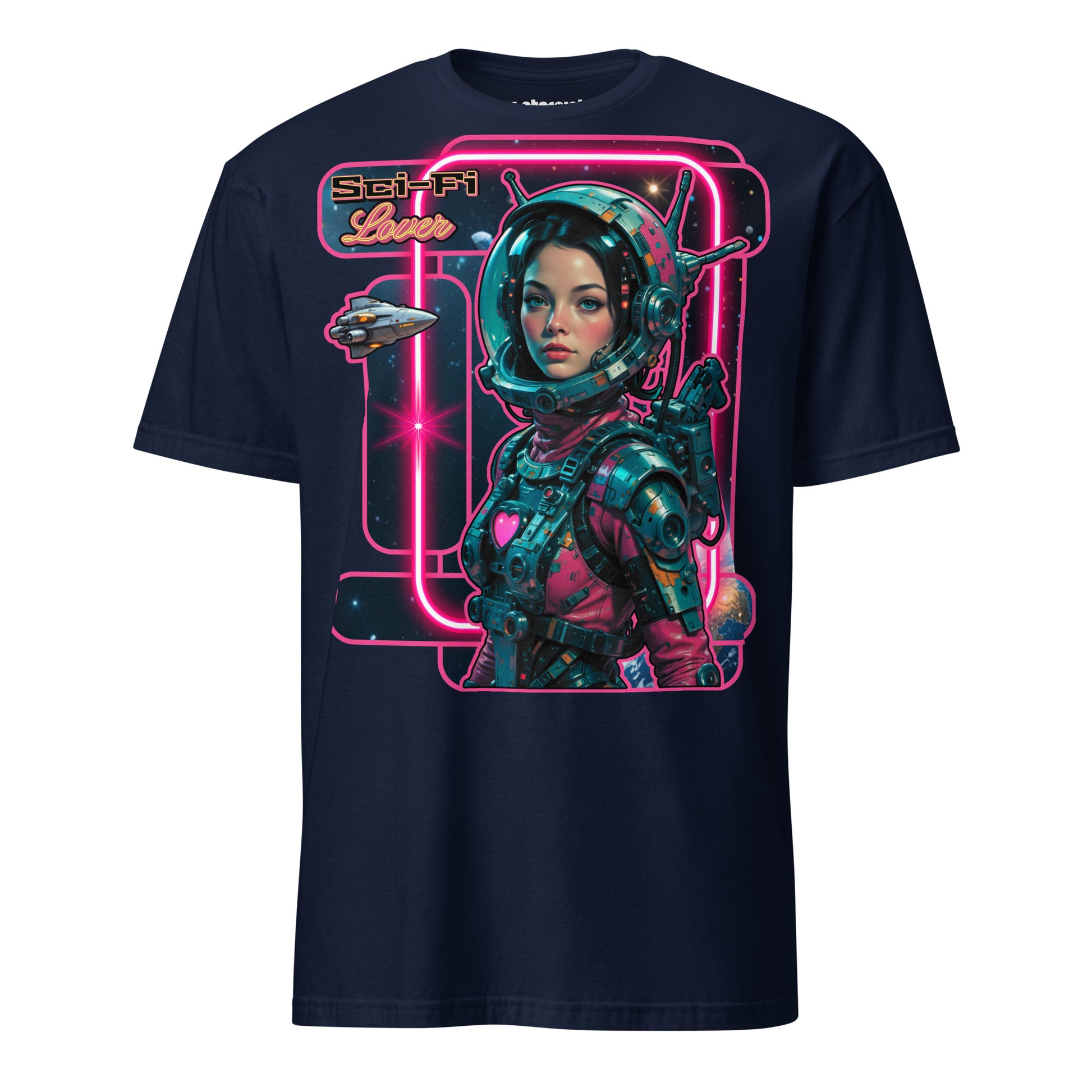 Winterpink T-Shirt Sci-Fi Lover (No. 3) – retro-futuristische Frau im Weltraum mit Art-Deco Rahmen, inspiriert von Vintage Sci-Fi Pulps & Retro-Future Glam