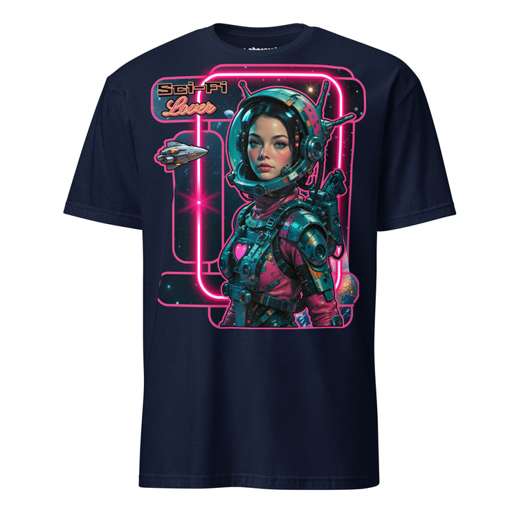 Winterpink T-Shirt Sci-Fi Lover (No. 3) – retro-futuristische Frau im Weltraum mit Art-Deco Rahmen, inspiriert von Vintage Sci-Fi Pulps & Retro-Future Glam