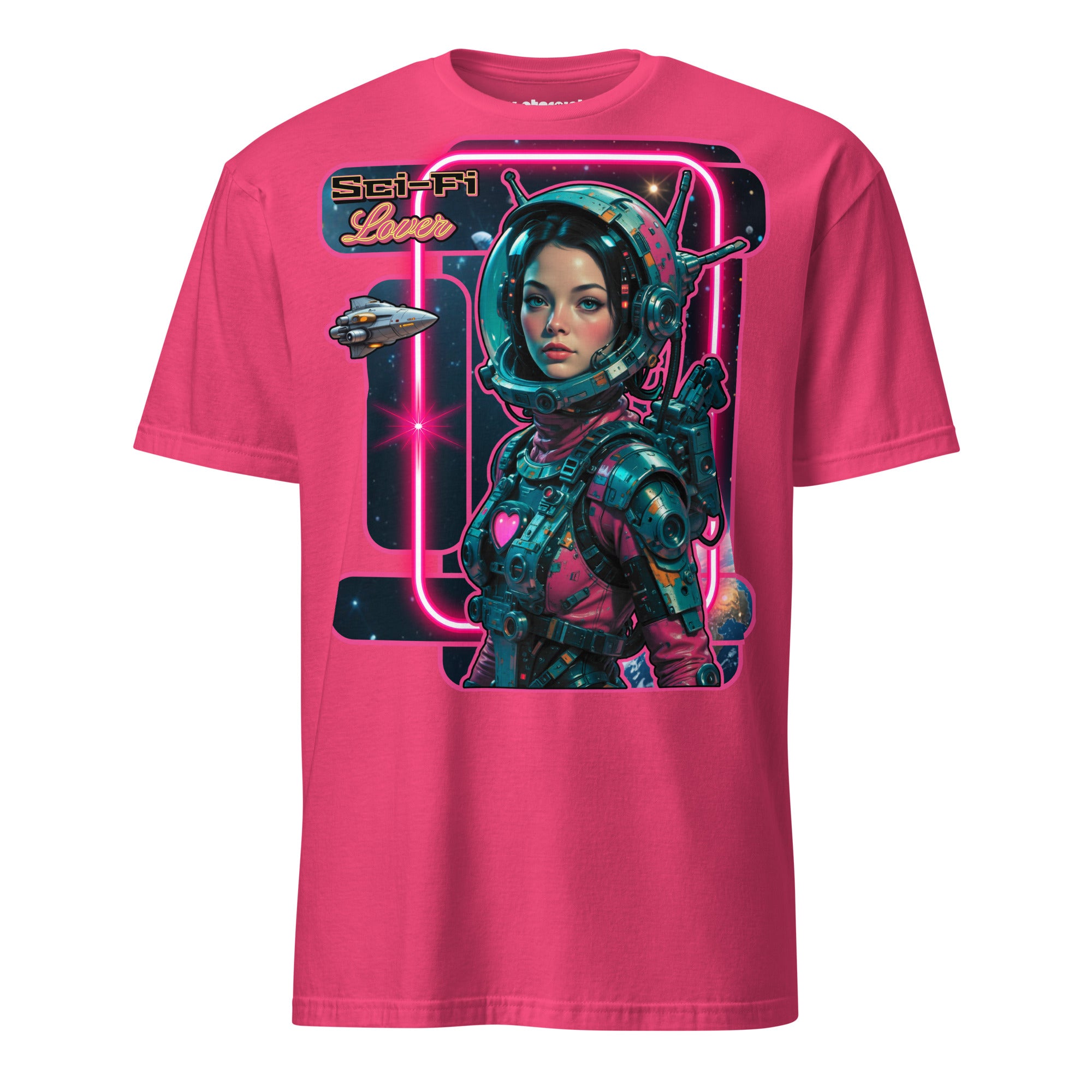 Winterpink T-Shirt Sci-Fi Lover (No. 3) – retro-futuristische Frau im Weltraum mit Art-Deco Rahmen, inspiriert von Vintage Sci-Fi Pulps & Retro-Future Glam