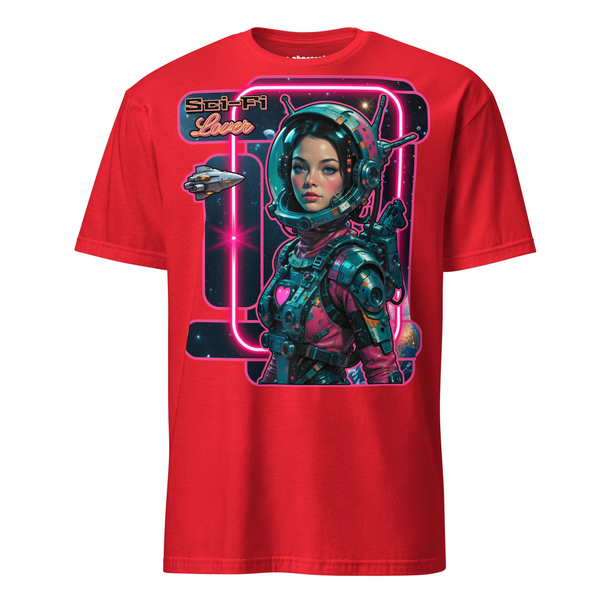 Winterpink T-Shirt Sci-Fi Lover (No. 3) – retro-futuristische Frau im Weltraum mit Art-Deco Rahmen, inspiriert von Vintage Sci-Fi Pulps & Retro-Future Glam