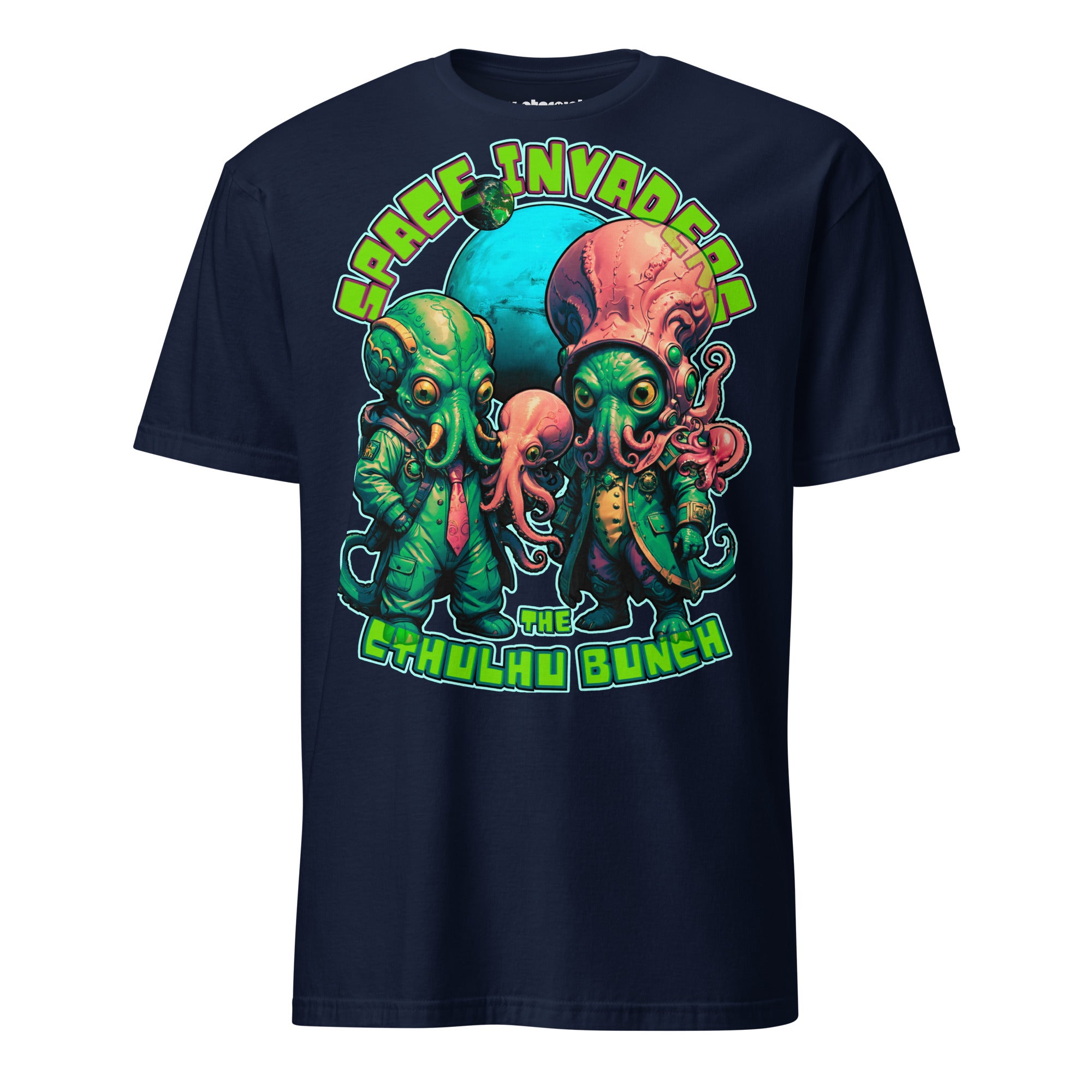 Winterpink T-Shirt „The Cthulhu Bunch – Space Invader Family“ mit intergalaktischer Tentakel-Familie im 80s-Arcade-Look