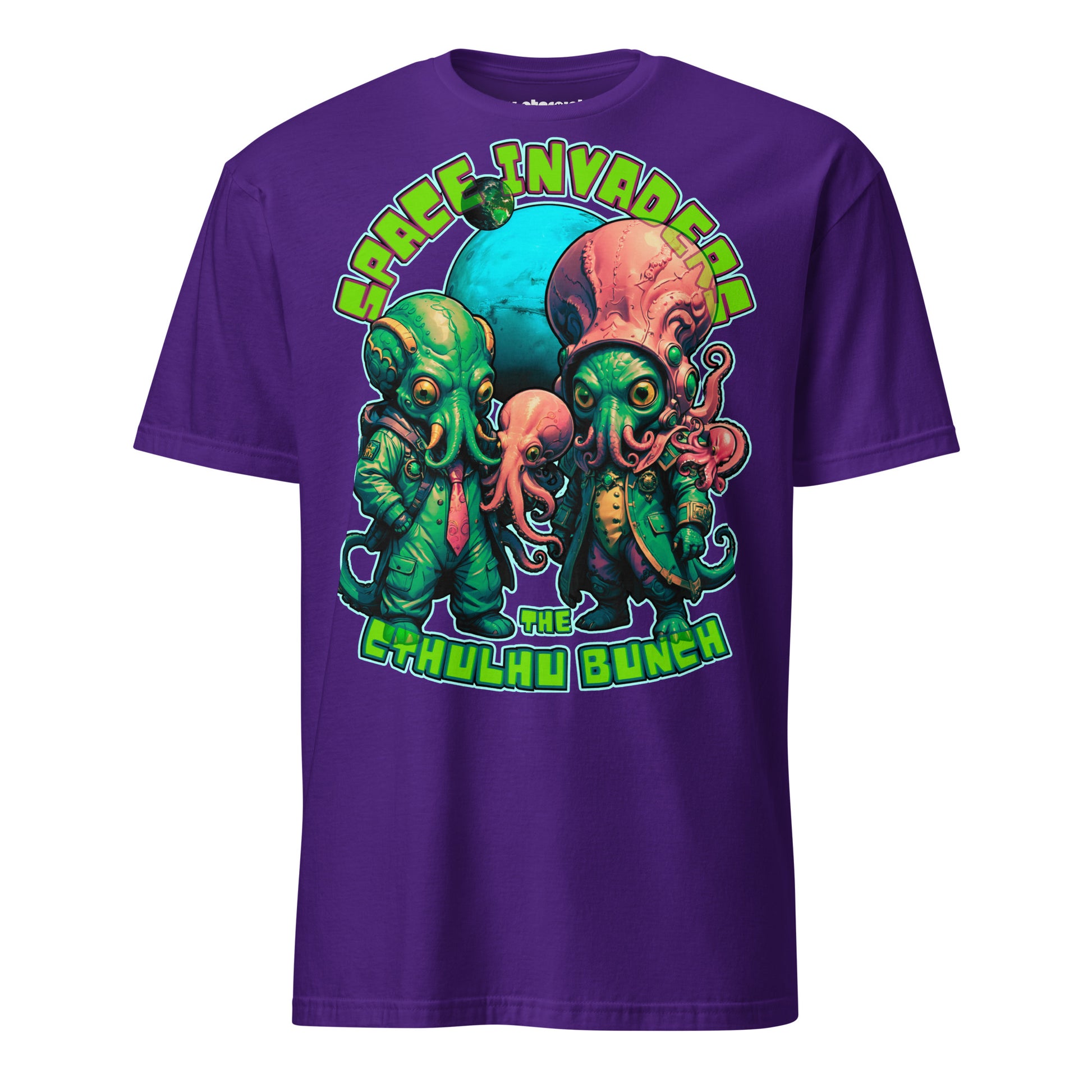 Winterpink T-Shirt „The Cthulhu Bunch – Space Invader Family“ mit intergalaktischer Tentakel-Familie im 80s-Arcade-Look