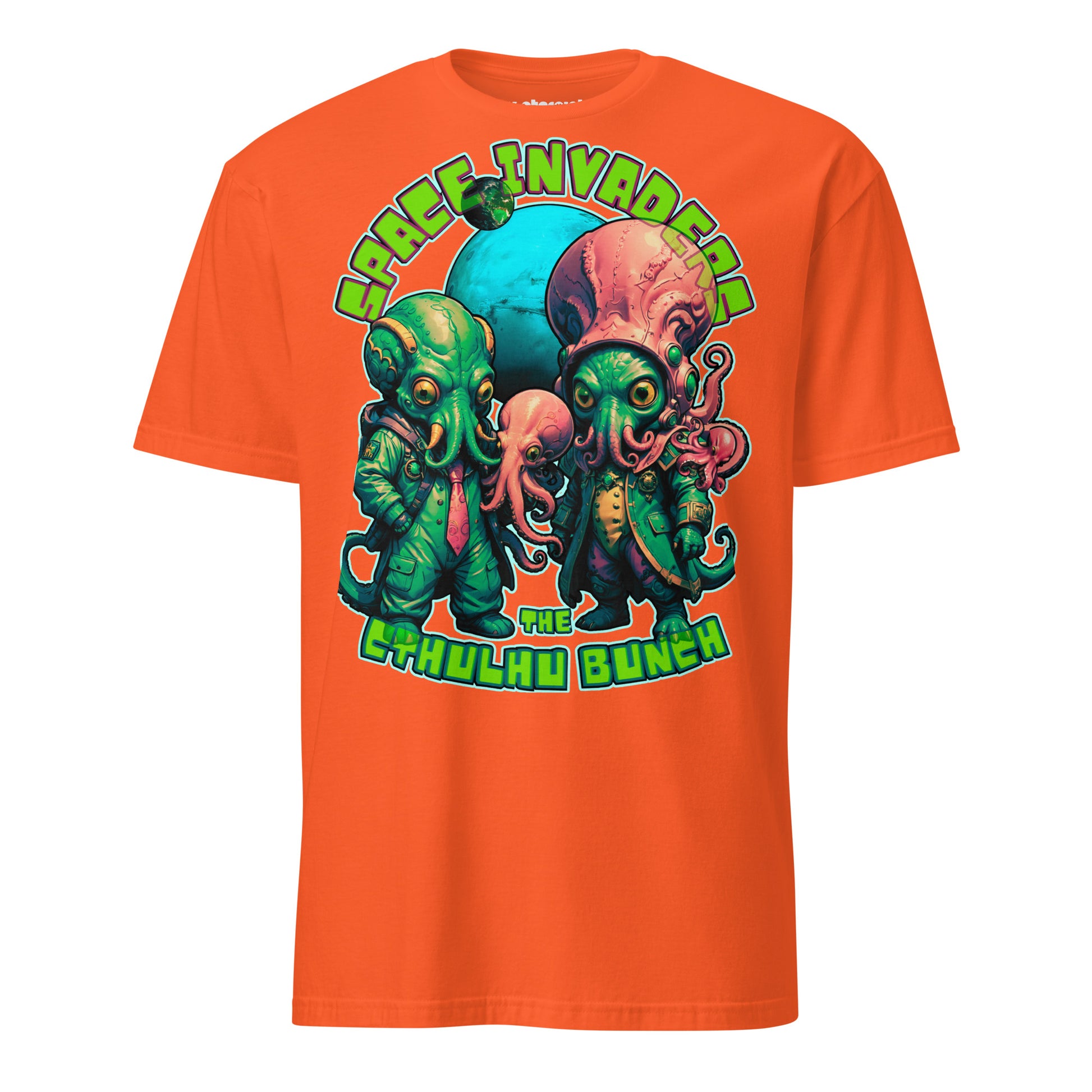Winterpink T-Shirt „The Cthulhu Bunch – Space Invader Family“ mit intergalaktischer Tentakel-Familie im 80s-Arcade-Look