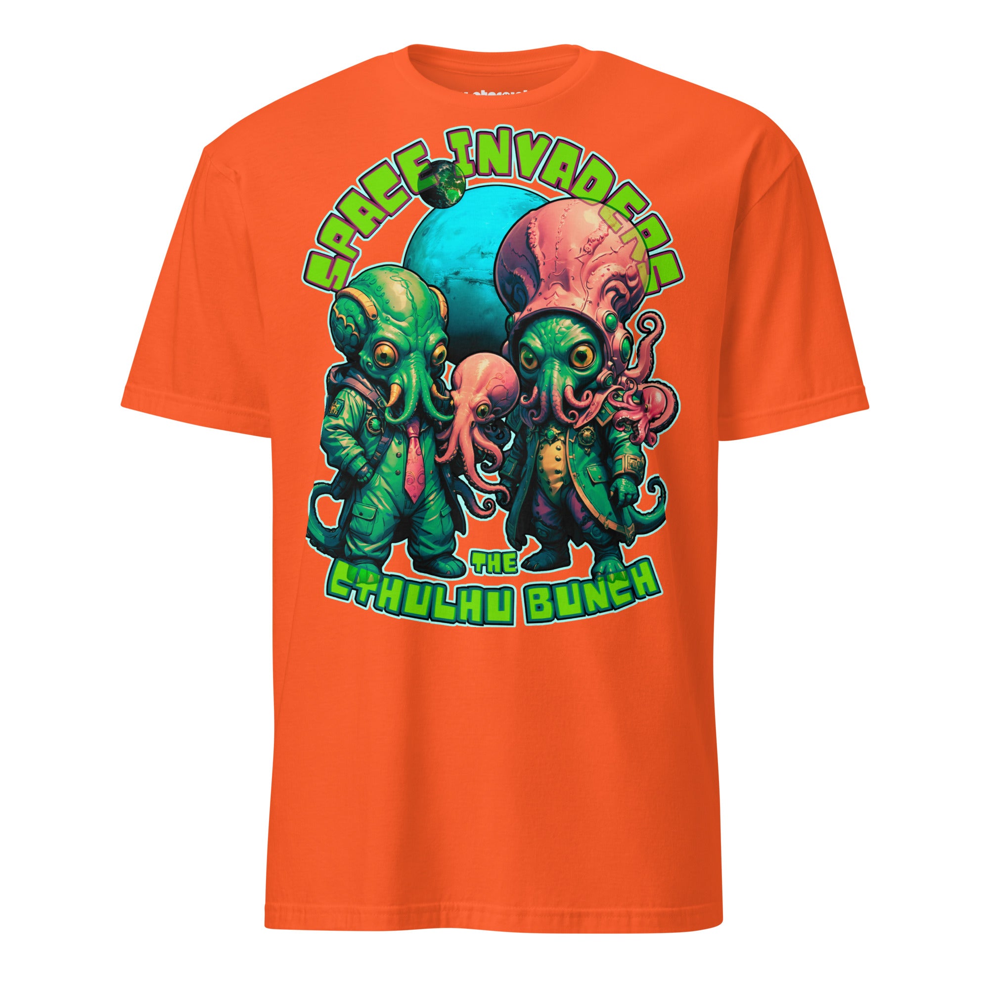 Winterpink T-Shirt „The Cthulhu Bunch – Space Invader Family“ mit intergalaktischer Tentakel-Familie im 80s-Arcade-Look