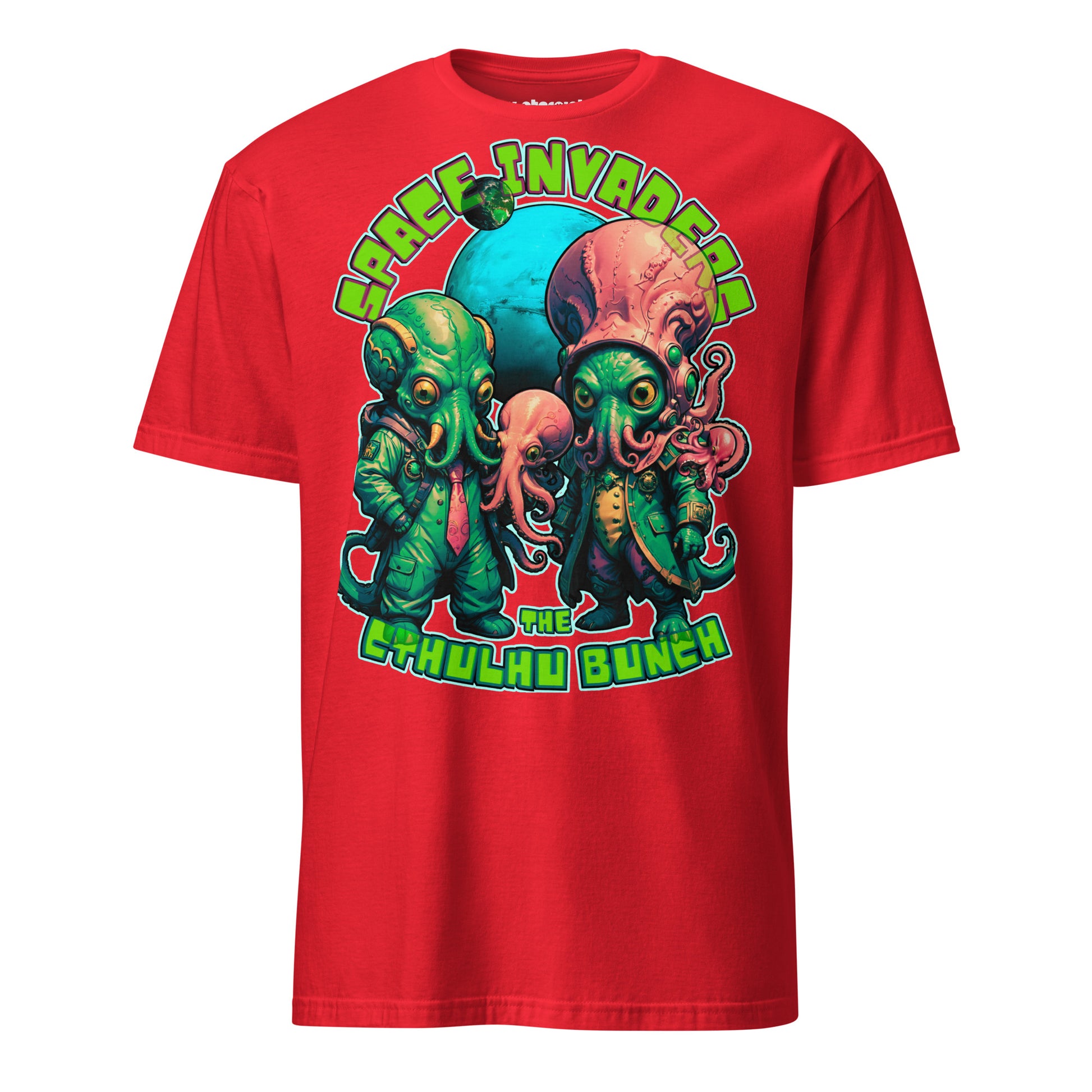 Winterpink T-Shirt „The Cthulhu Bunch – Space Invader Family“ mit intergalaktischer Tentakel-Familie im 80s-Arcade-Look