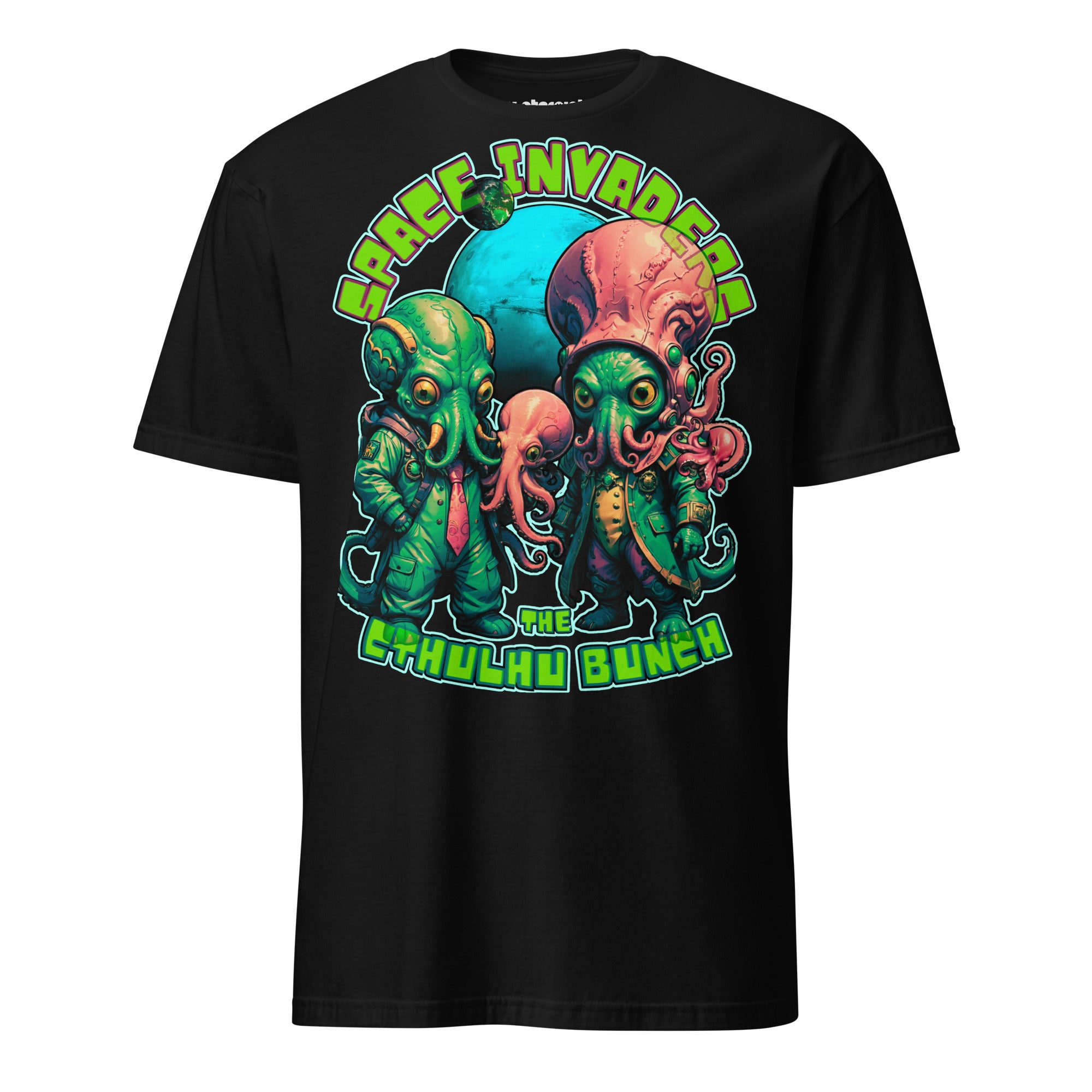 Winterpink T-Shirt „The Cthulhu Bunch – Space Invader Family“ mit intergalaktischer Tentakel-Familie im 80s-Arcade-Look