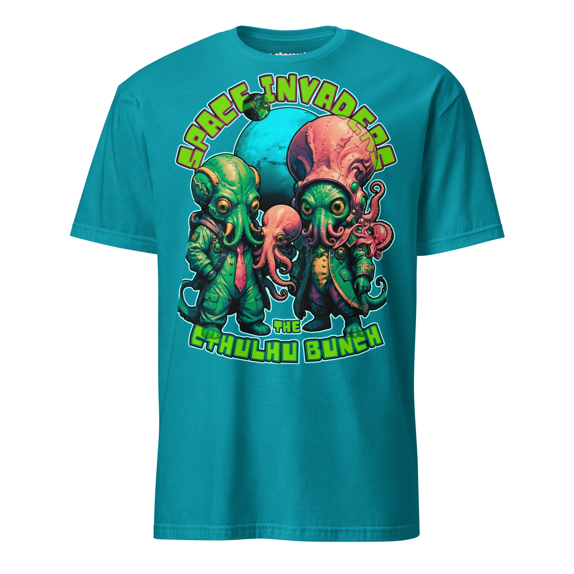 Winterpink T-Shirt „The Cthulhu Bunch – Space Invader Family“ mit intergalaktischer Tentakel-Familie im 80s-Arcade-Look