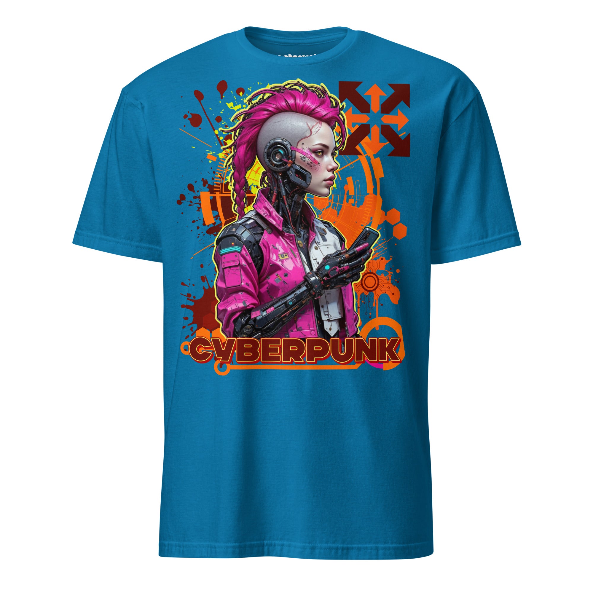 Winterpink T-Shirt Cyberpunk Hacker Neon Code Edition mit Cyborg-Archäologin und einem Relikt des 21. Jahrhunderts