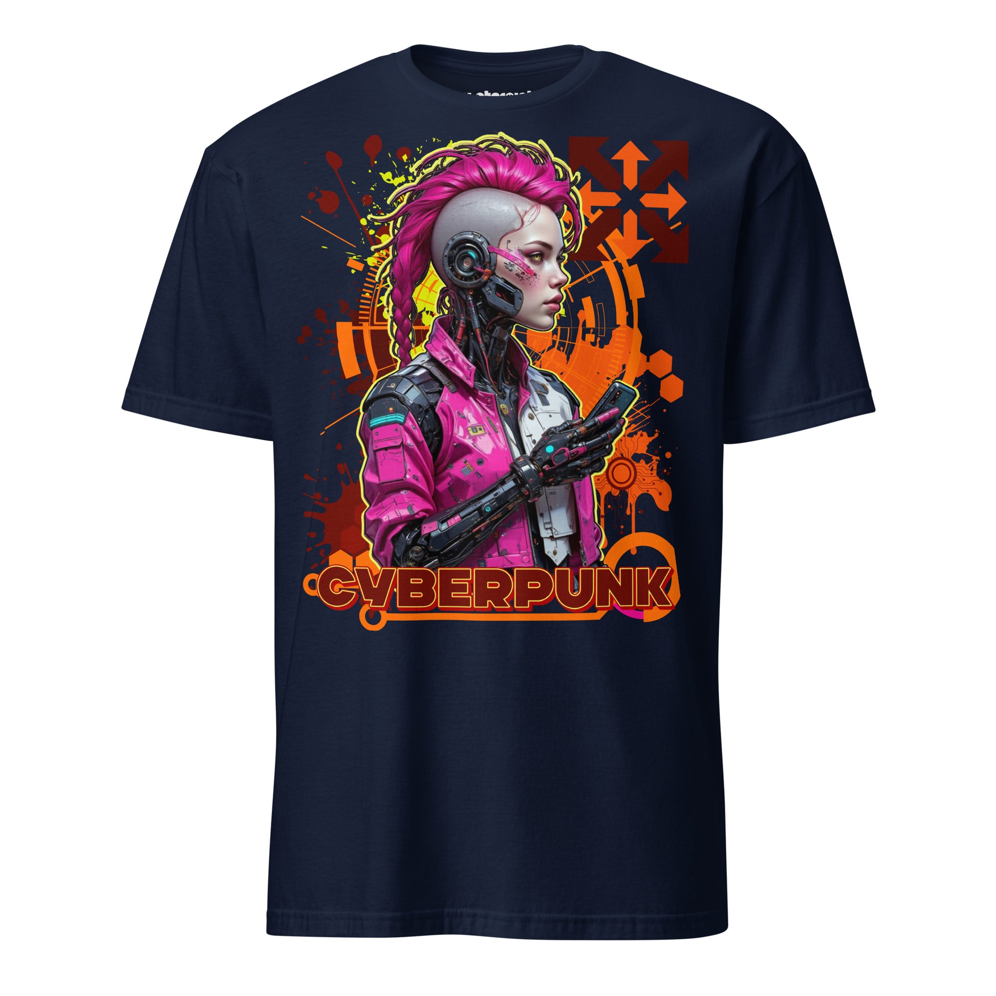 Winterpink T-Shirt Cyberpunk Hacker Neon Code Edition mit Cyborg-Archäologin und einem Relikt des 21. Jahrhunderts