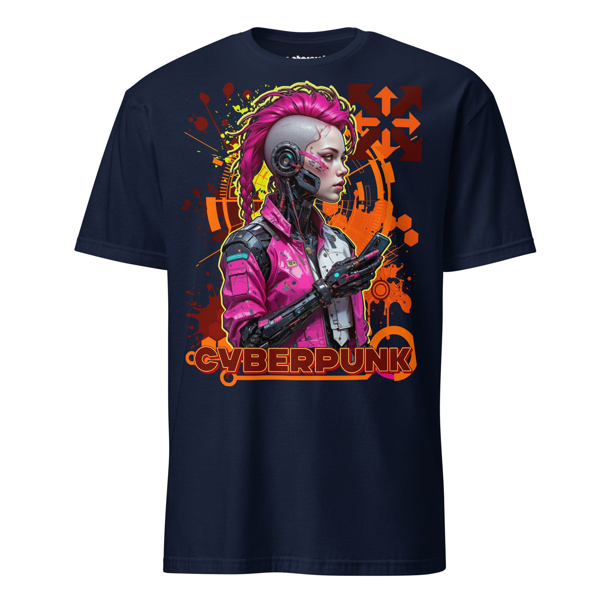 Winterpink T-Shirt Cyberpunk Hacker Neon Code Edition mit Cyborg-Archäologin und einem Relikt des 21. Jahrhunderts