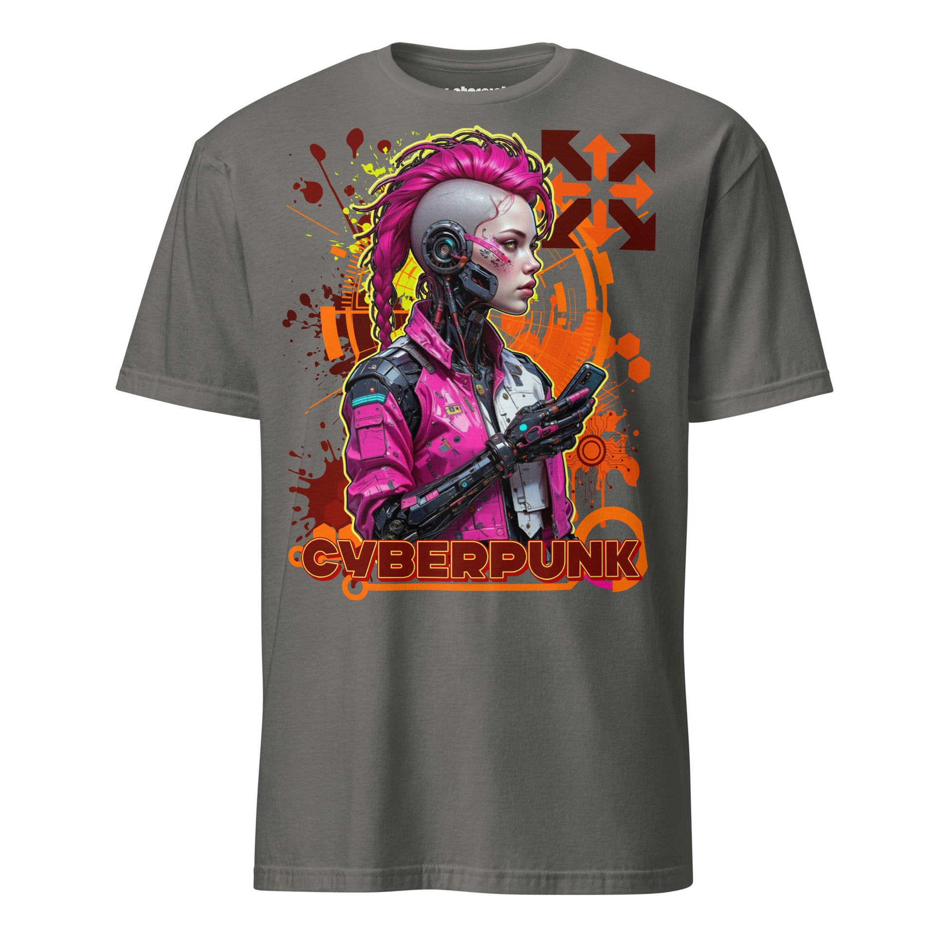Winterpink T-Shirt Cyberpunk Hacker Neon Code Edition mit Cyborg-Archäologin und einem Relikt des 21. Jahrhunderts