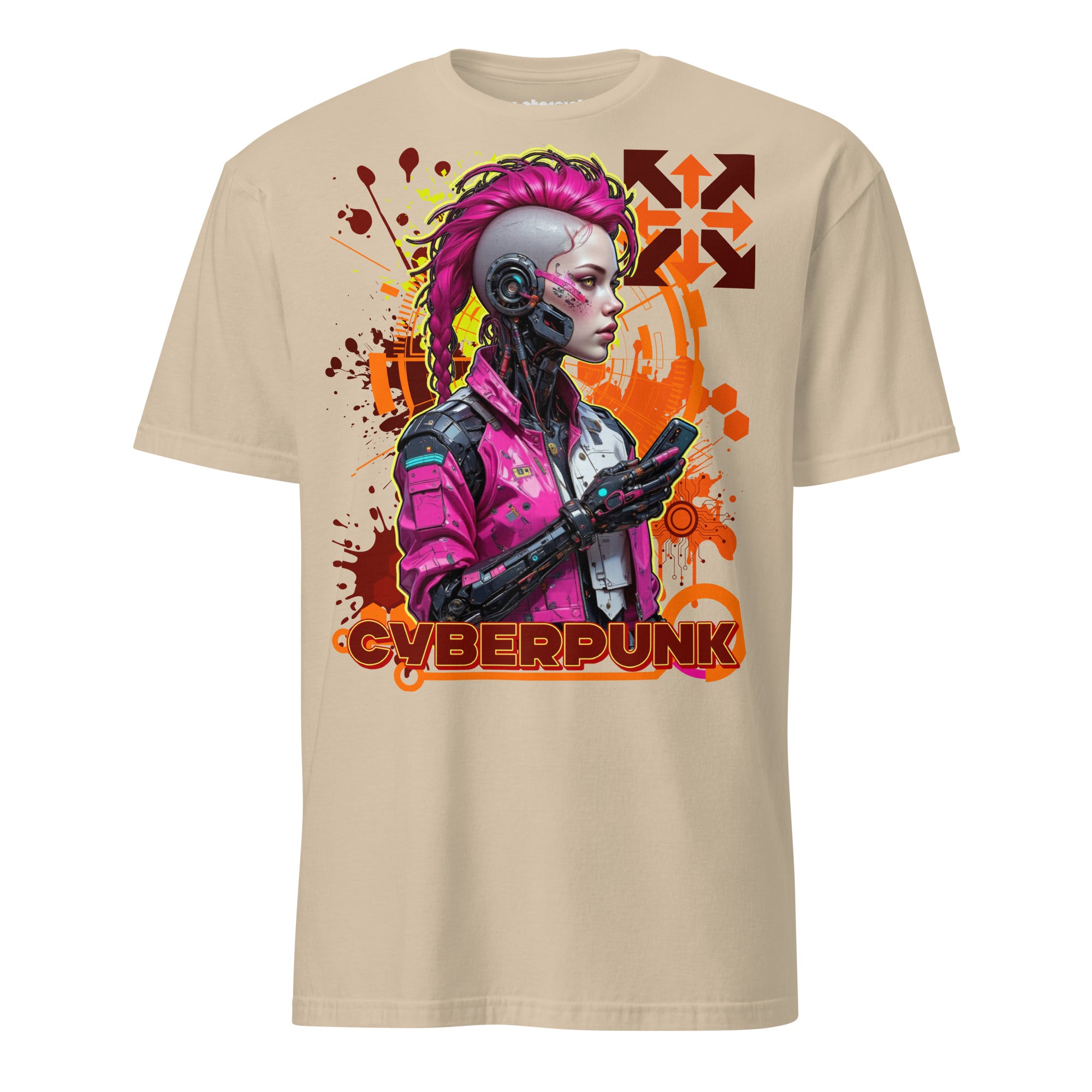Winterpink T-Shirt Cyberpunk Hacker Neon Code Edition mit Cyborg-Archäologin und einem Relikt des 21. Jahrhunderts