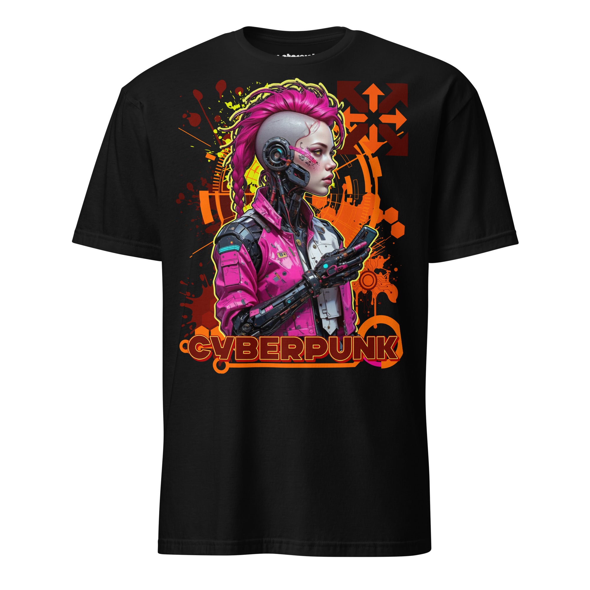 Winterpink T-Shirt Cyberpunk Hacker Neon Code Edition mit Cyborg-Archäologin und einem Relikt des 21. Jahrhunderts