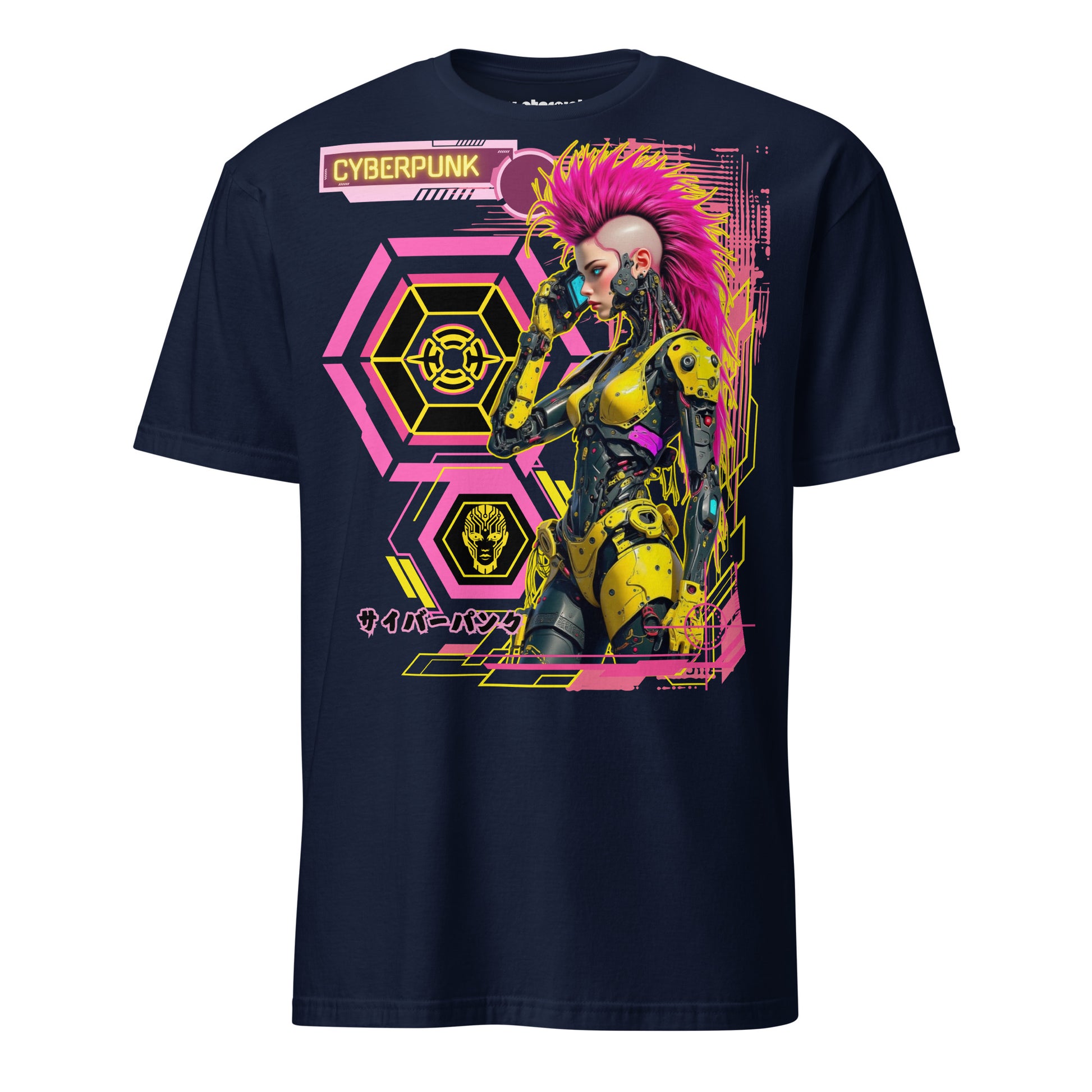 Winterpink T-Shirt „Cyberpunk Rebel – Neon Future Edition“ mit Cyborg-Frau, pinkem Irokesenschnitt, gelbem Exo-Armor und Neon-Retro-Vibe.
