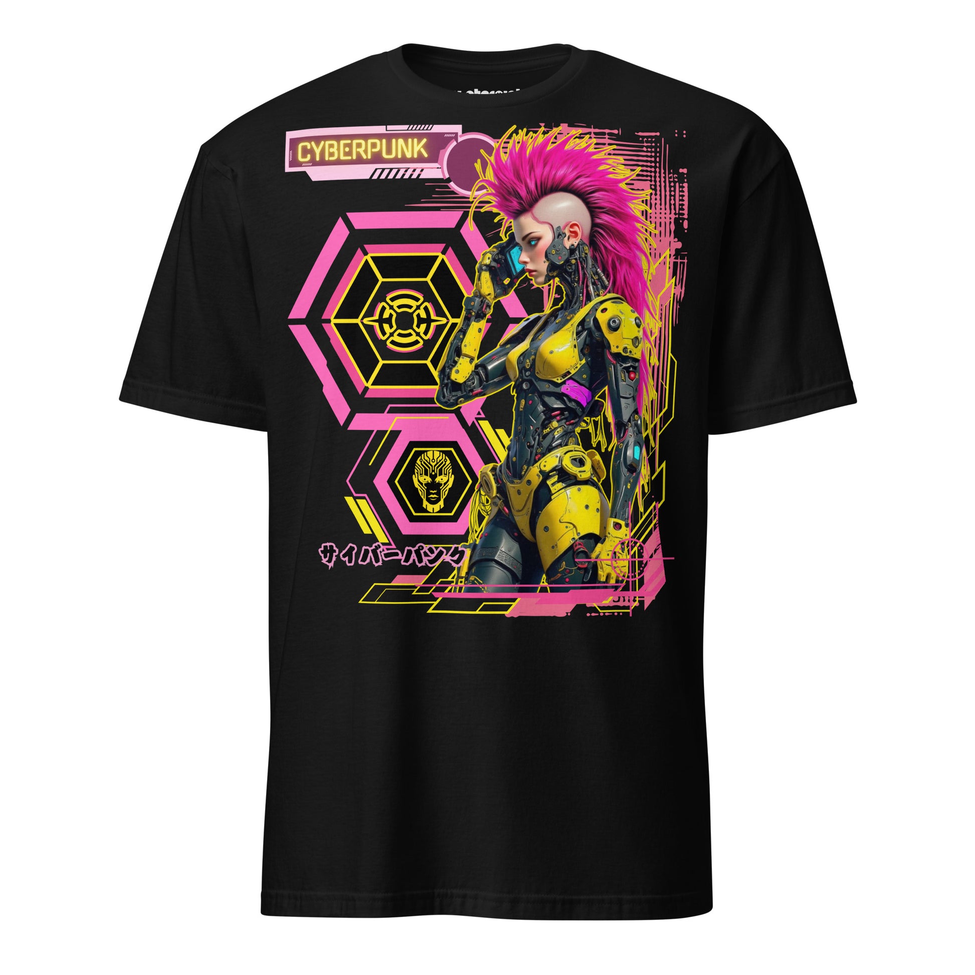 Winterpink T-Shirt „Cyberpunk Rebel – Neon Future Edition“ mit Cyborg-Frau, pinkem Irokesenschnitt, gelbem Exo-Armor und Neon-Retro-Vibe.