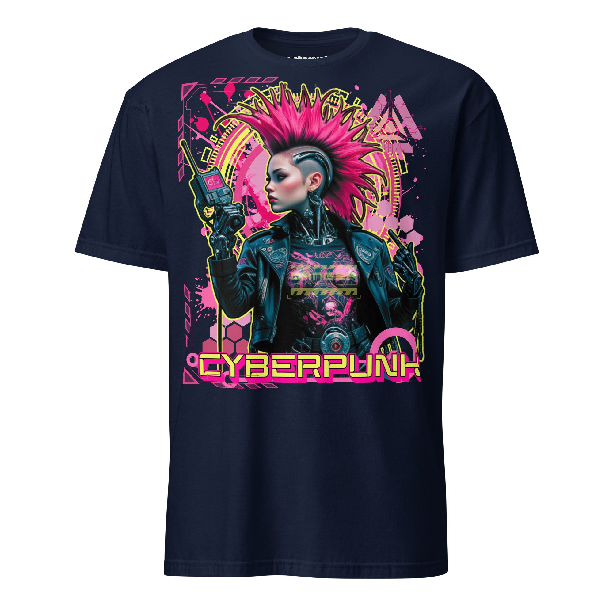 Cyberpunk T-Shirt mit Cyborg, pinkem Irokesen & Analysegerät. Neonfarben, Future Tech und Signal Jam im Winterpink-Style.