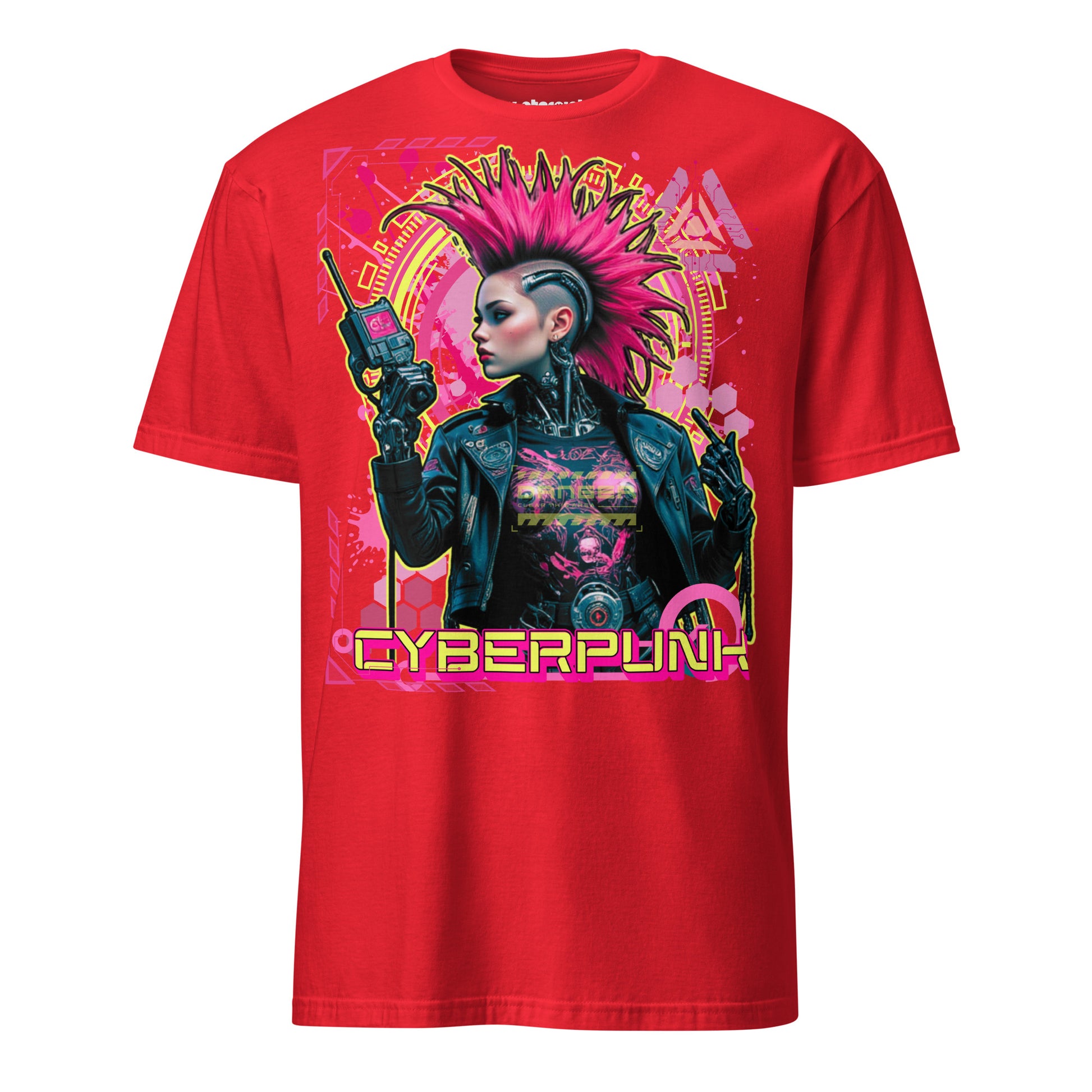 Cyberpunk T-Shirt mit Cyborg, pinkem Irokesen & Analysegerät. Neonfarben, Future Tech und Signal Jam im Winterpink-Style.
