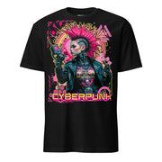 Cyberpunk T-Shirt mit Cyborg, pinkem Irokesen & Analysegerät. Neonfarben, Future Tech und Signal Jam im Winterpink-Style.