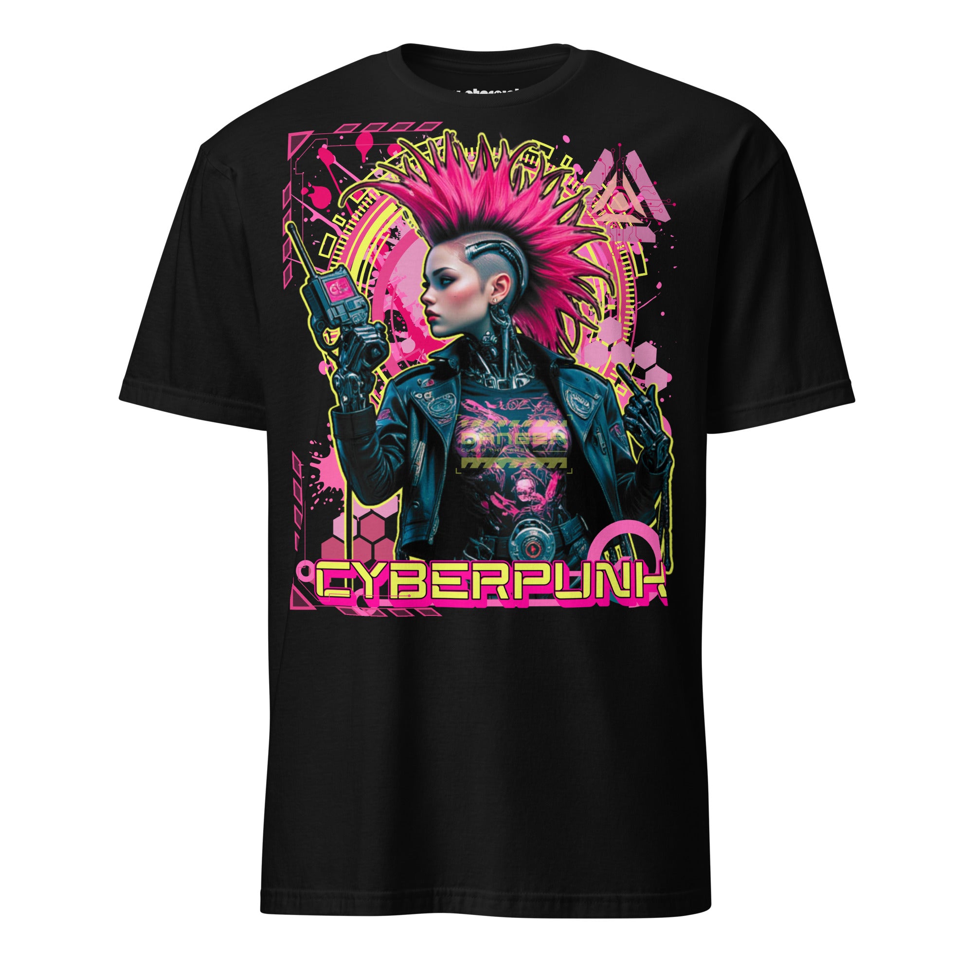 Cyberpunk T-Shirt mit Cyborg, pinkem Irokesen & Analysegerät. Neonfarben, Future Tech und Signal Jam im Winterpink-Style.