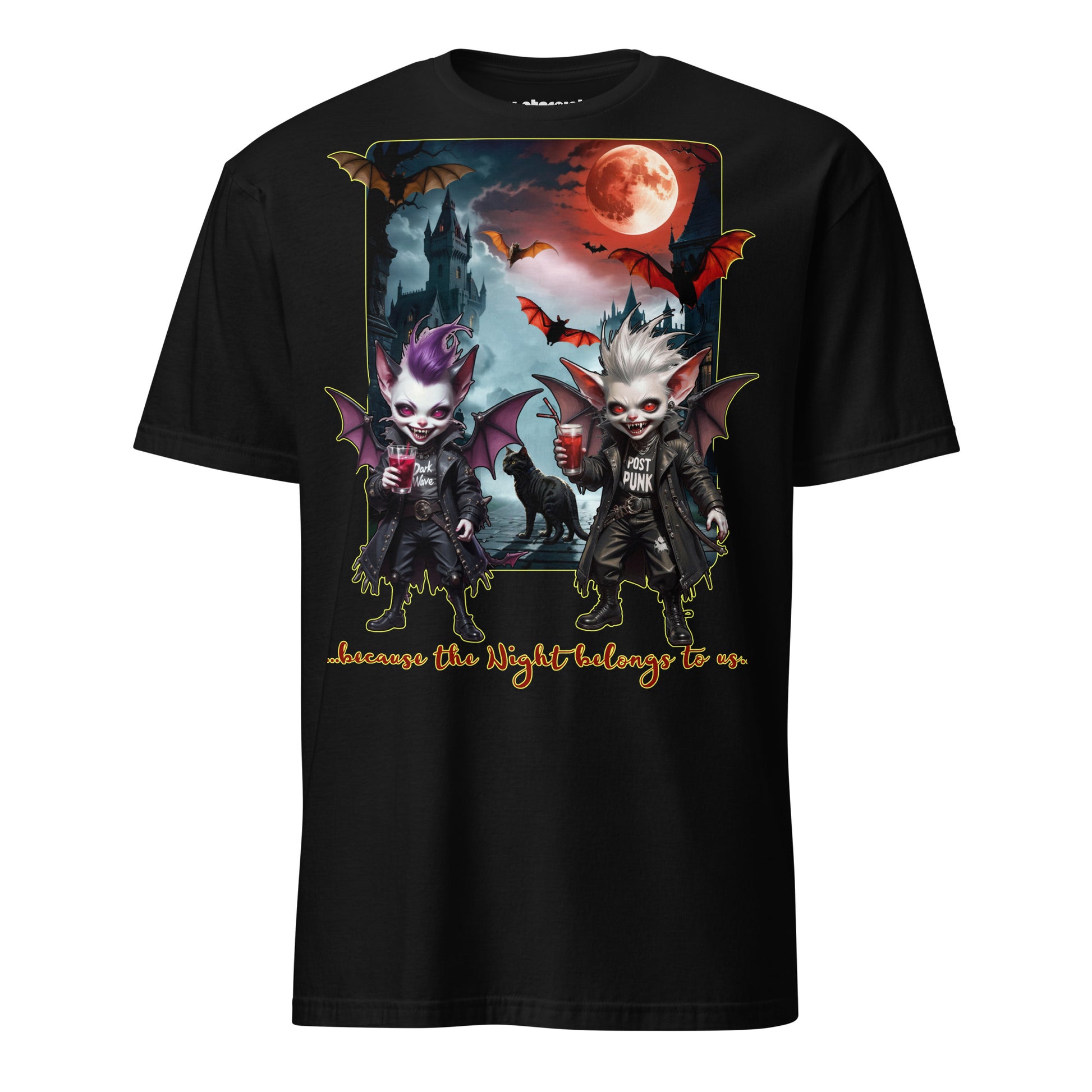 Winterpink T-Shirt Goth Night – DarkWave & PostPunk“ mit zwei Vampiren vor Schloss und Vollmond