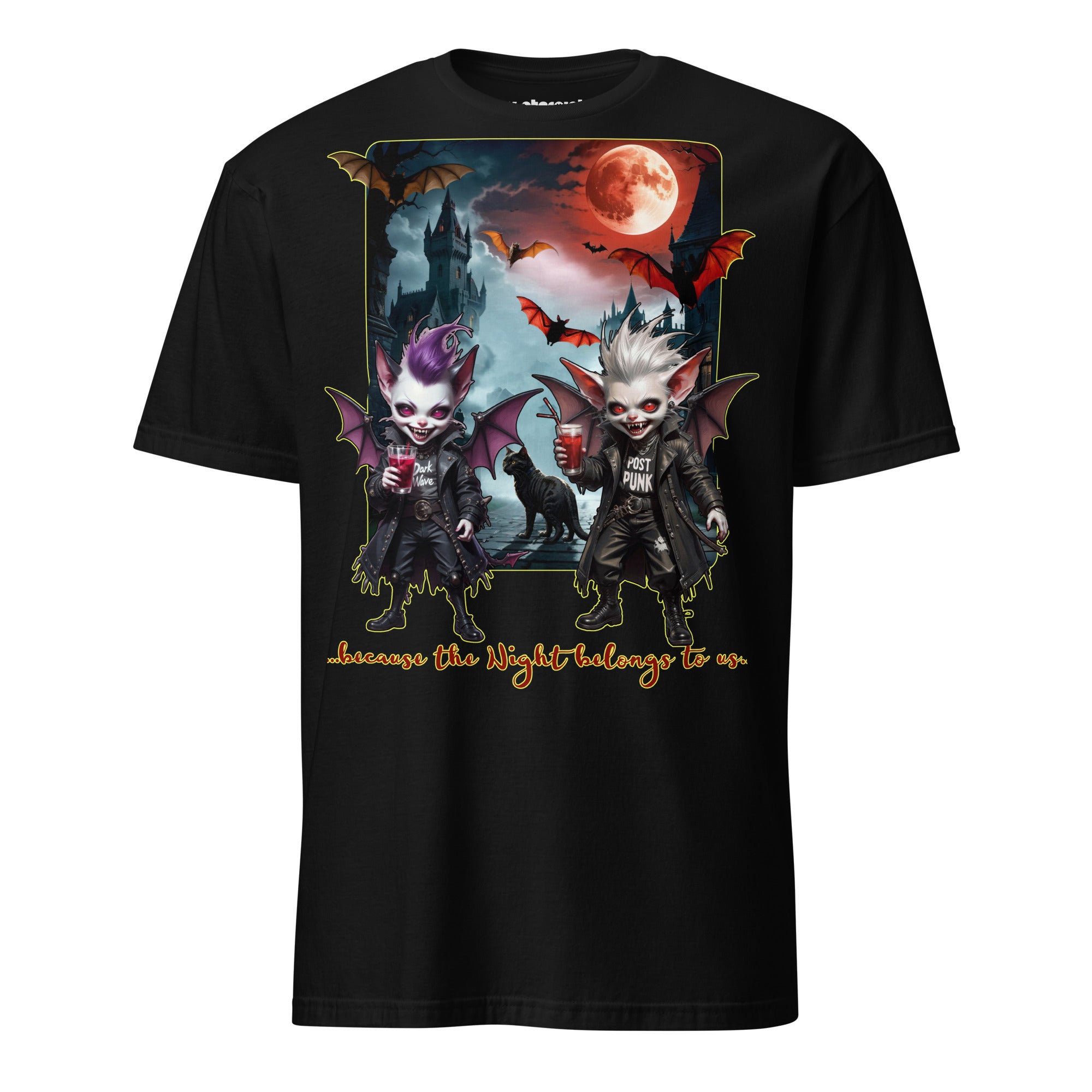 Winterpink T-Shirt Goth Night – DarkWave & PostPunk“ mit zwei Vampiren vor Schloss und Vollmond