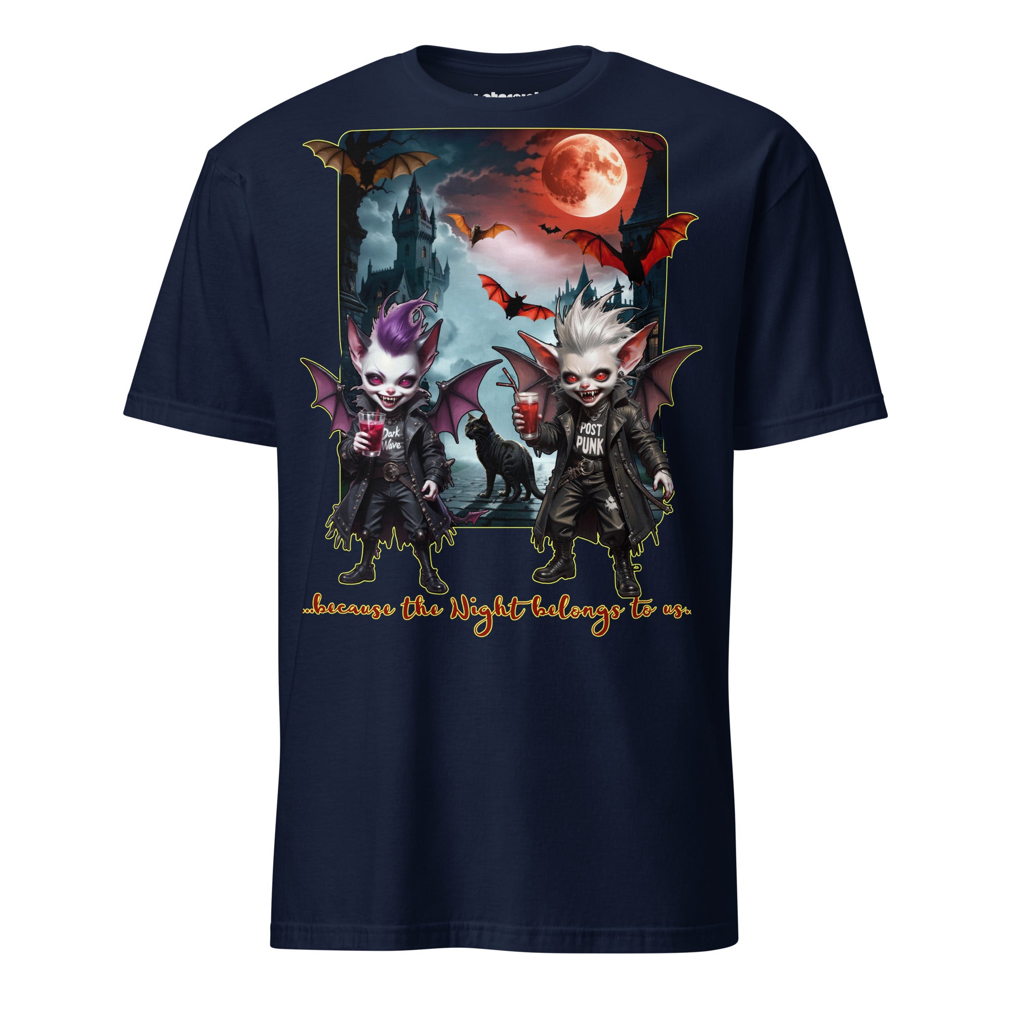 Winterpink T-Shirt Goth Night – DarkWave & PostPunk“ mit zwei Vampiren vor Schloss und Vollmond