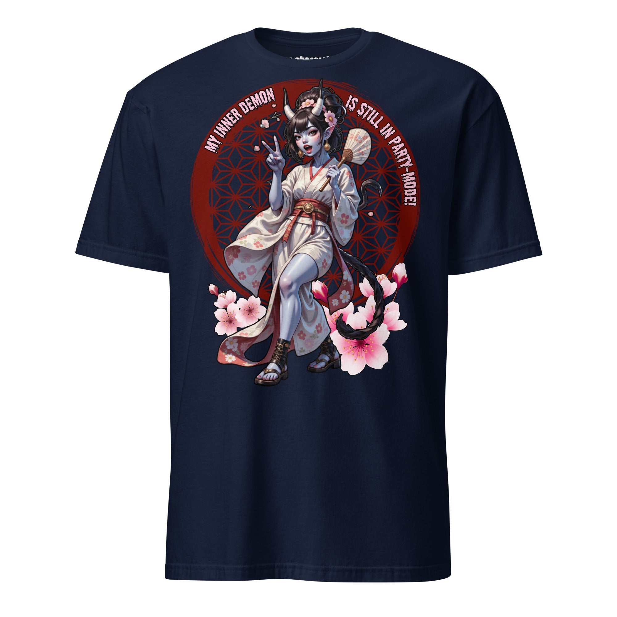 Winterpink T-Shirt „Inner Demon – Still in Party Mode“ – verspielter Dämon im Kimono mit Kirschblüten, Party-Vibes