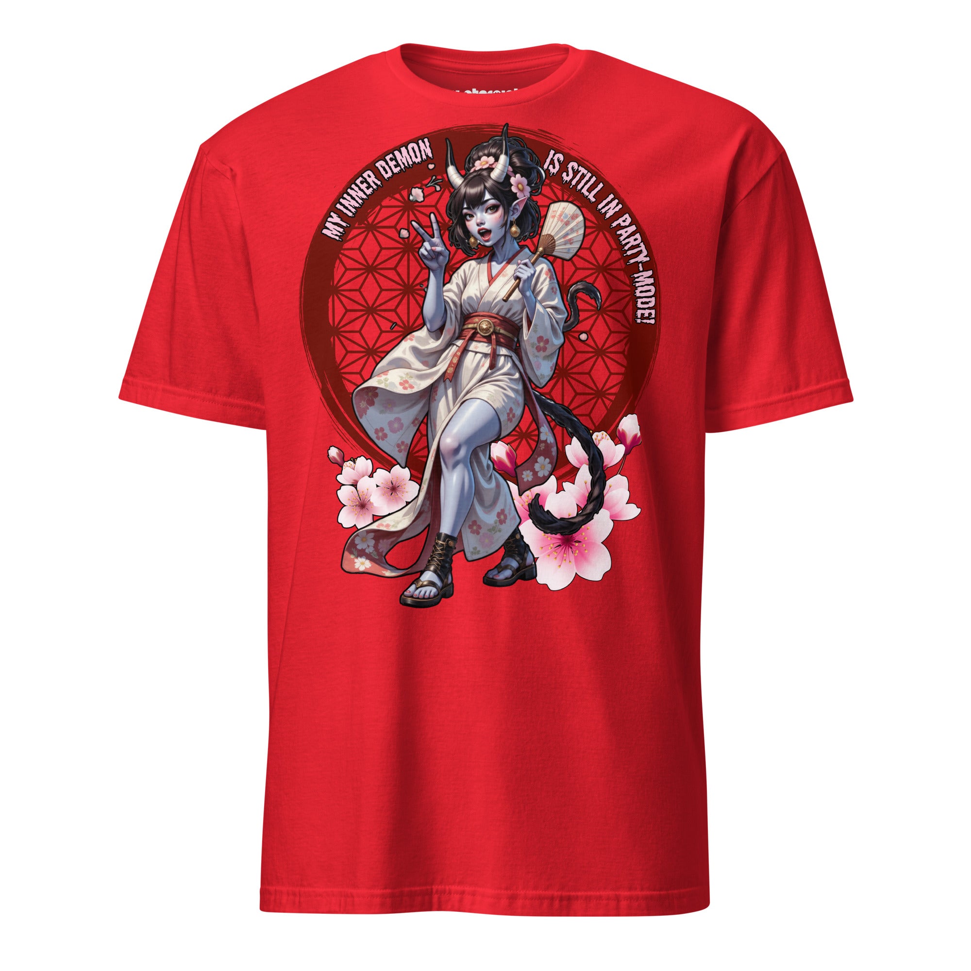 Winterpink T-Shirt „Inner Demon – Still in Party Mode“ – verspielter Dämon im Kimono mit Kirschblüten, Party-Vibes