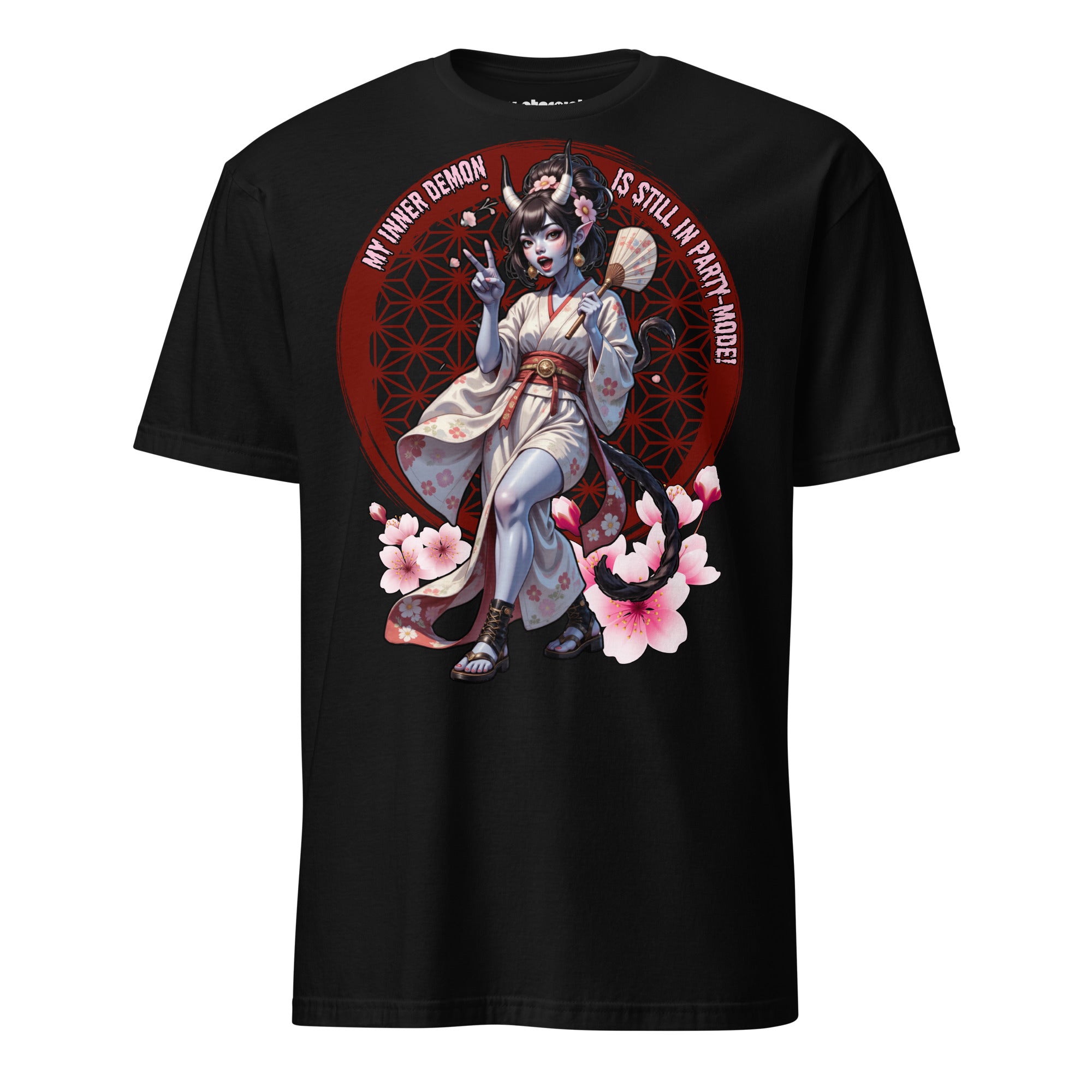 Winterpink T-Shirt „Inner Demon – Still in Party Mode“ – verspielter Dämon im Kimono mit Kirschblüten, Party-Vibes