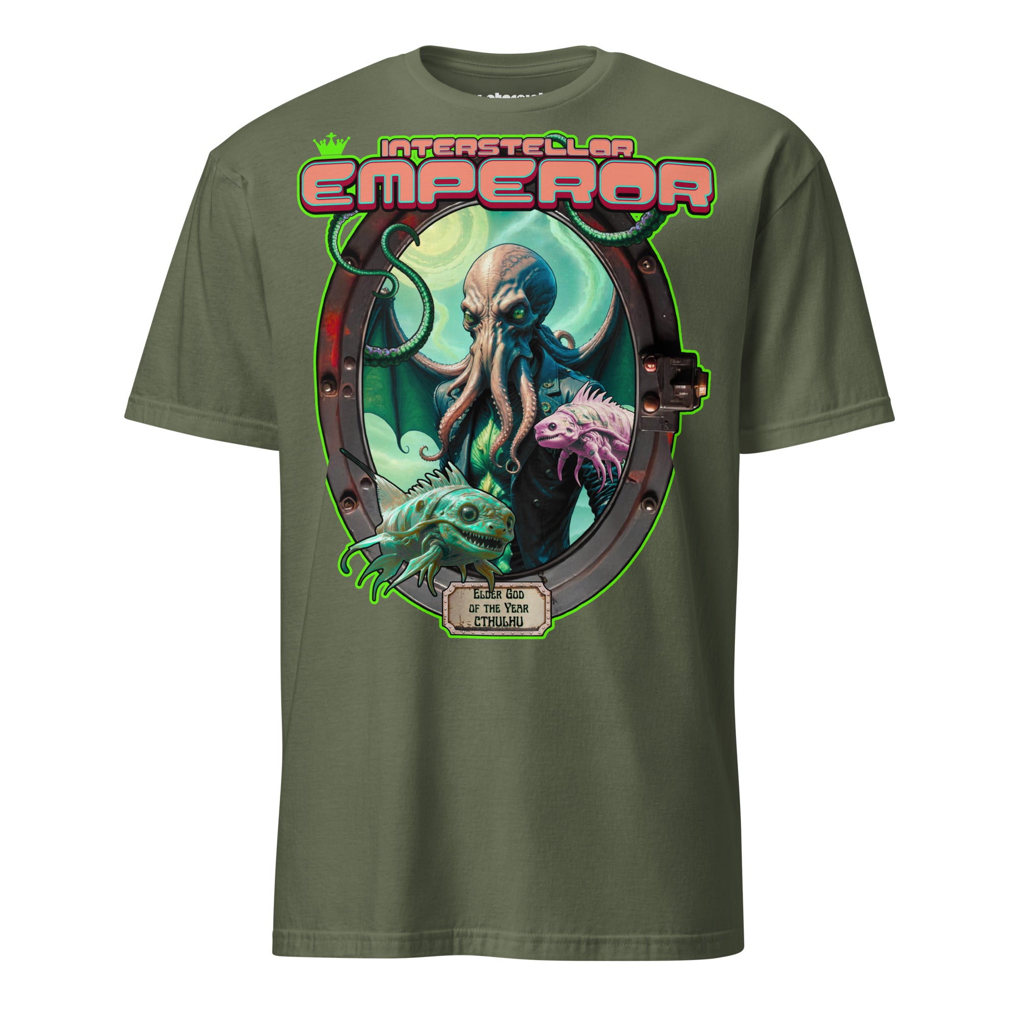 Winterpink T-Shirt Interstellar Emperor – Cthulhu als Elder God of the Year im „Mitarbeiter des Monats“-Style mit Tentakeln und Alienfischen