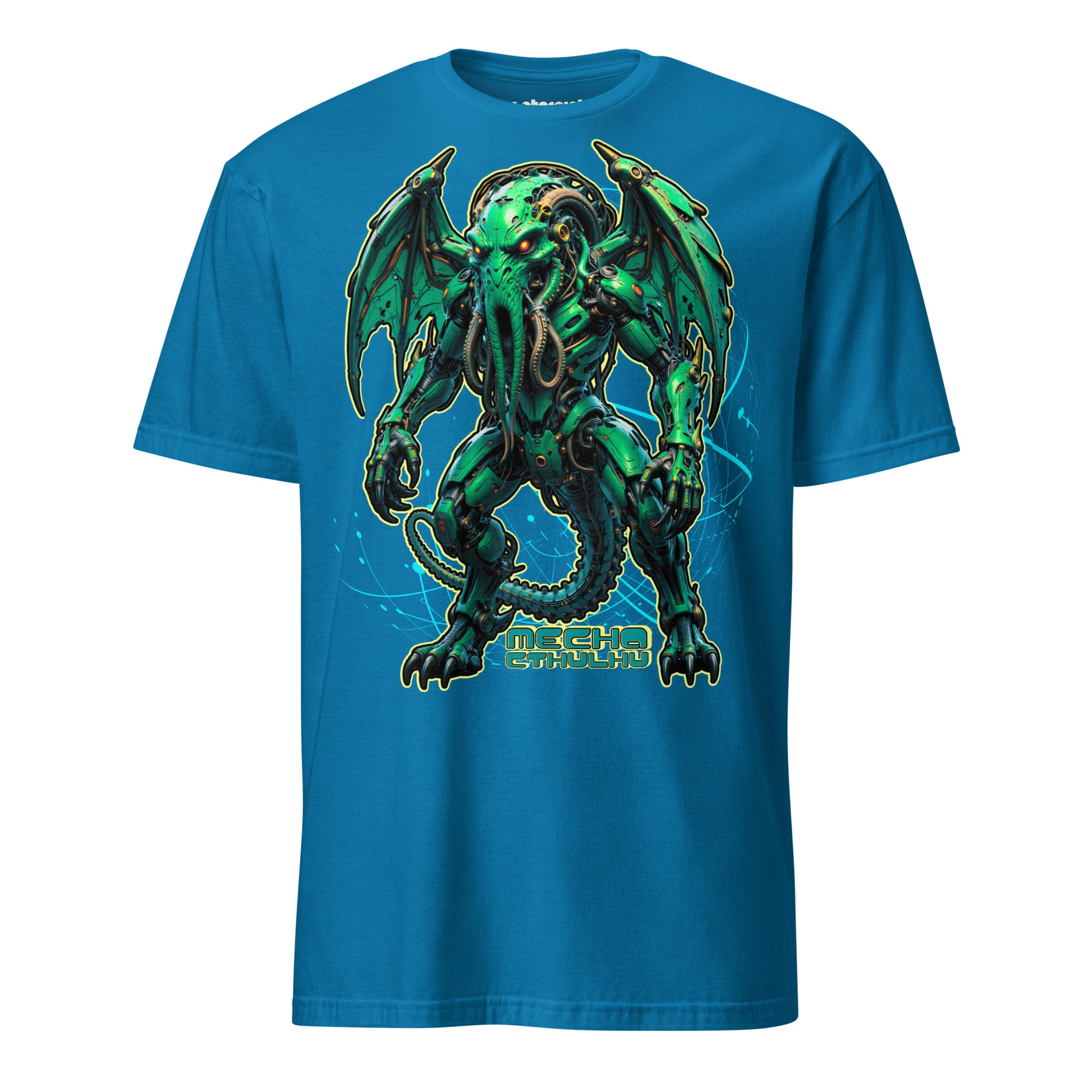 Winterpink T-Shirt mit großem Frontprint: Mecha-Cthulhu im kybernetischen Design, ¾-Profil, mit Tentakeln, Flügeln und Maschinenkörper.