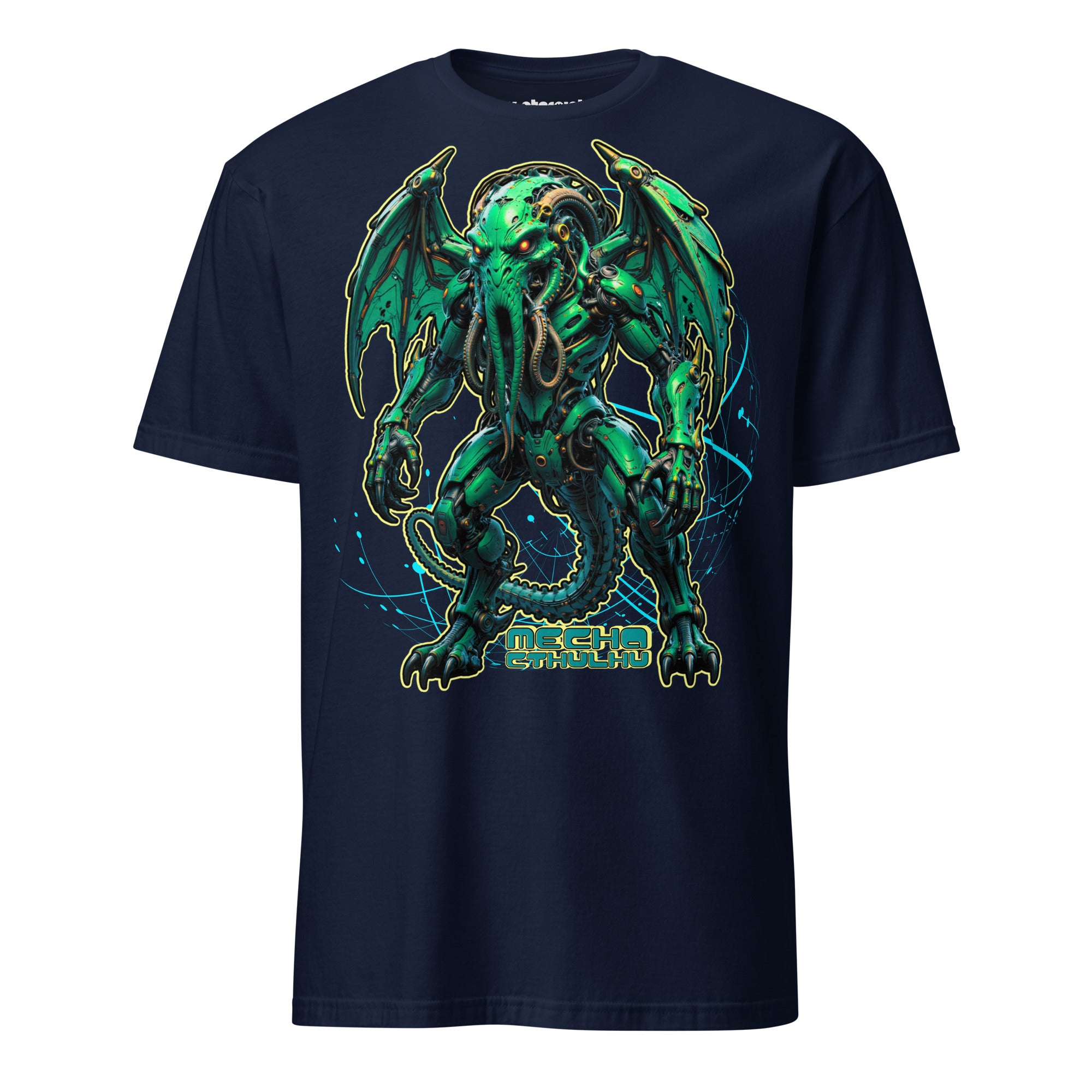 Winterpink T-Shirt mit großem Frontprint: Mecha-Cthulhu im kybernetischen Design, ¾-Profil, mit Tentakeln, Flügeln und Maschinenkörper.
