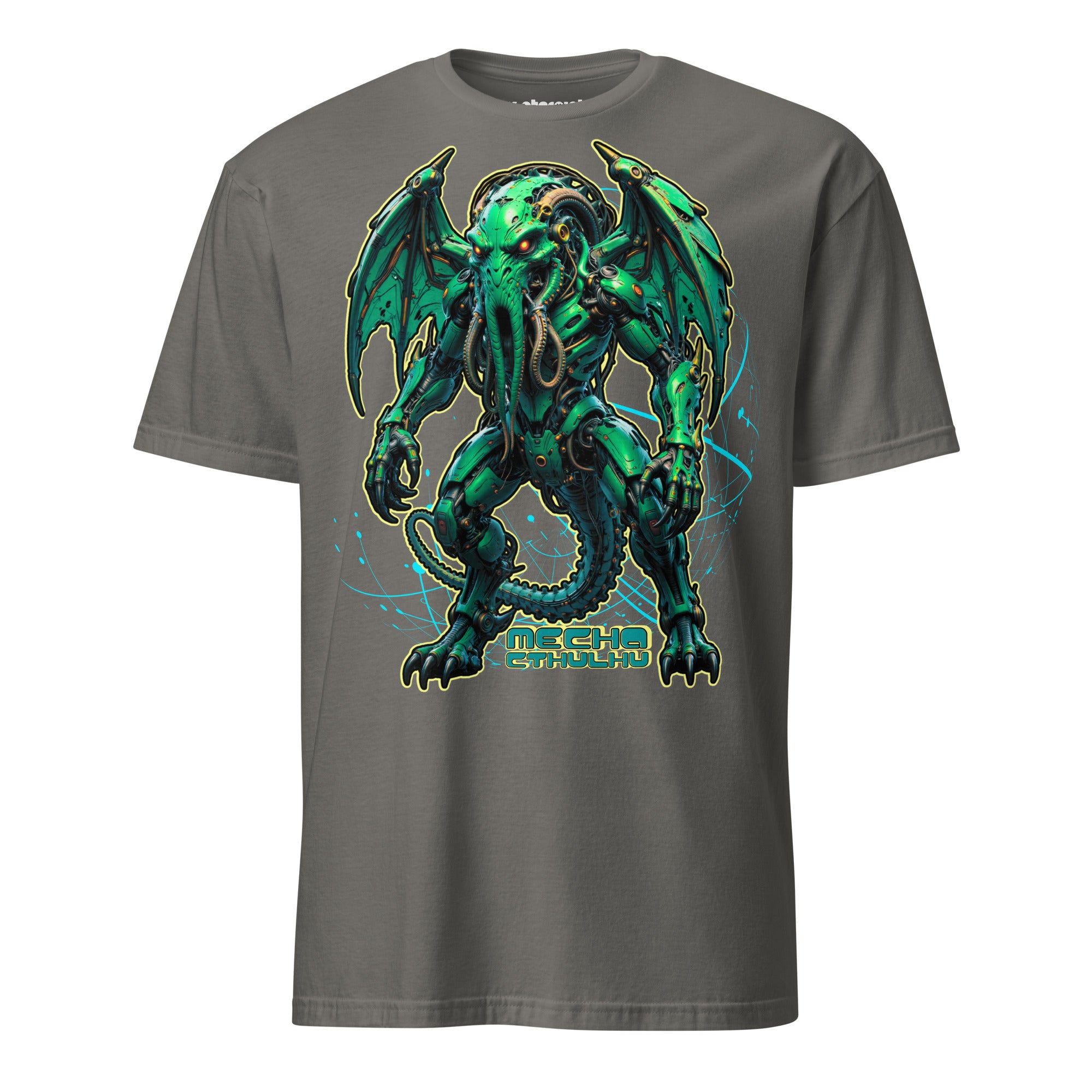 Winterpink T-Shirt mit großem Frontprint: Mecha-Cthulhu im kybernetischen Design, ¾-Profil, mit Tentakeln, Flügeln und Maschinenkörper.