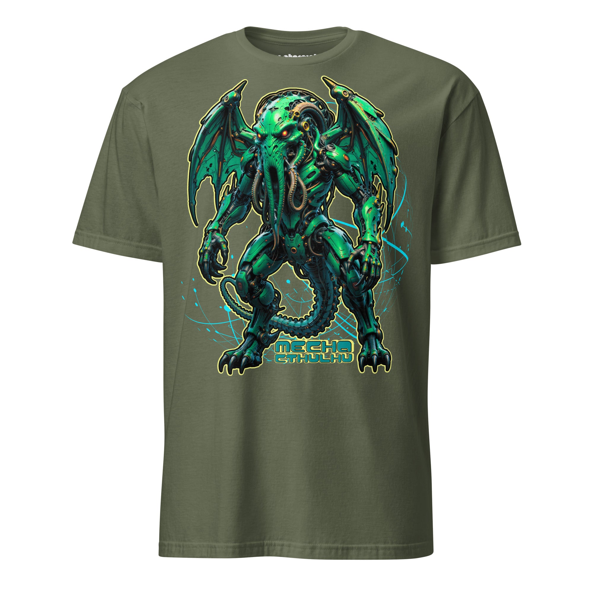 Winterpink T-Shirt mit großem Frontprint: Mecha-Cthulhu im kybernetischen Design, ¾-Profil, mit Tentakeln, Flügeln und Maschinenkörper.