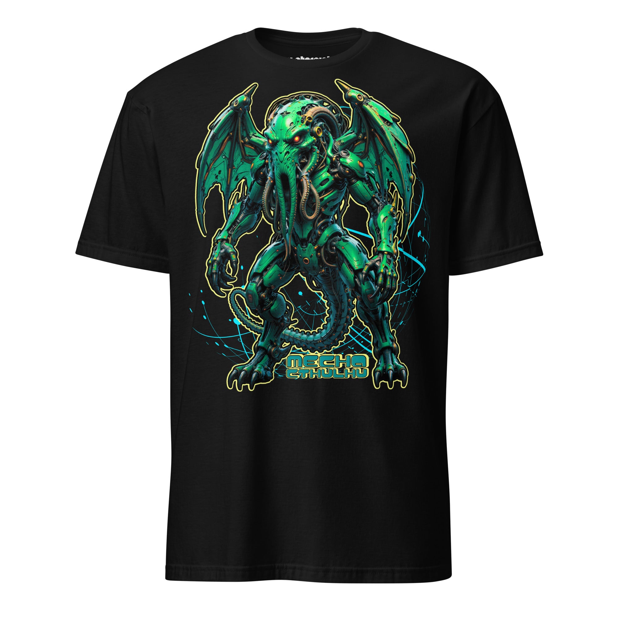 Winterpink T-Shirt mit großem Frontprint: Mecha-Cthulhu im kybernetischen Design, ¾-Profil, mit Tentakeln, Flügeln und Maschinenkörper.