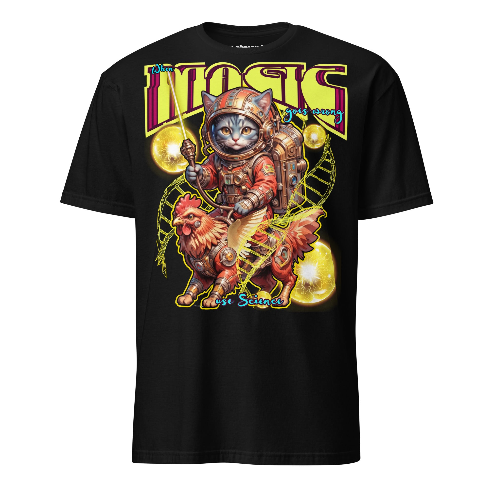 Winterpink T-Shirt When Magic Goes Wrong: Use Science – Space-Katze im Suit auf rooster-mech-Greif, DNA-Stränge & Cosmic Orbs, Science trifft Magie