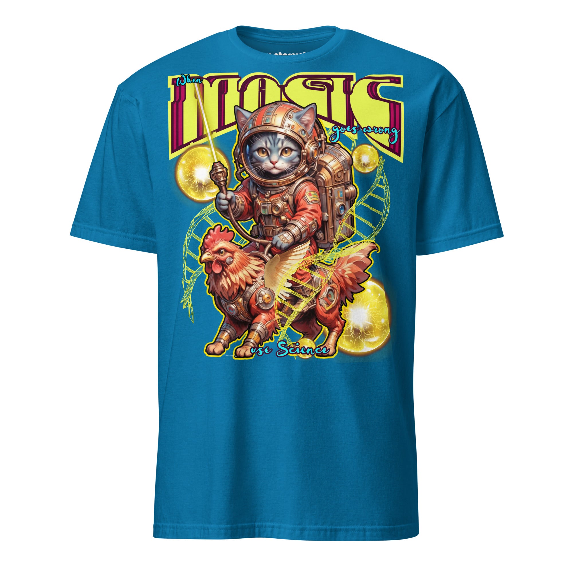 Winterpink T-Shirt When Magic Goes Wrong: Use Science – Space-Katze im Suit auf rooster-mech-Greif, DNA-Stränge & Cosmic Orbs, Science trifft Magie