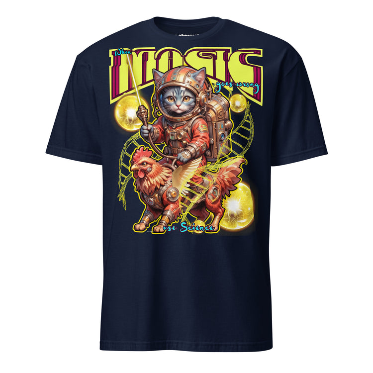 Winterpink T-Shirt When Magic Goes Wrong: Use Science – Space-Katze im Suit auf rooster-mech-Greif, DNA-Stränge & Cosmic Orbs, Science trifft Magie