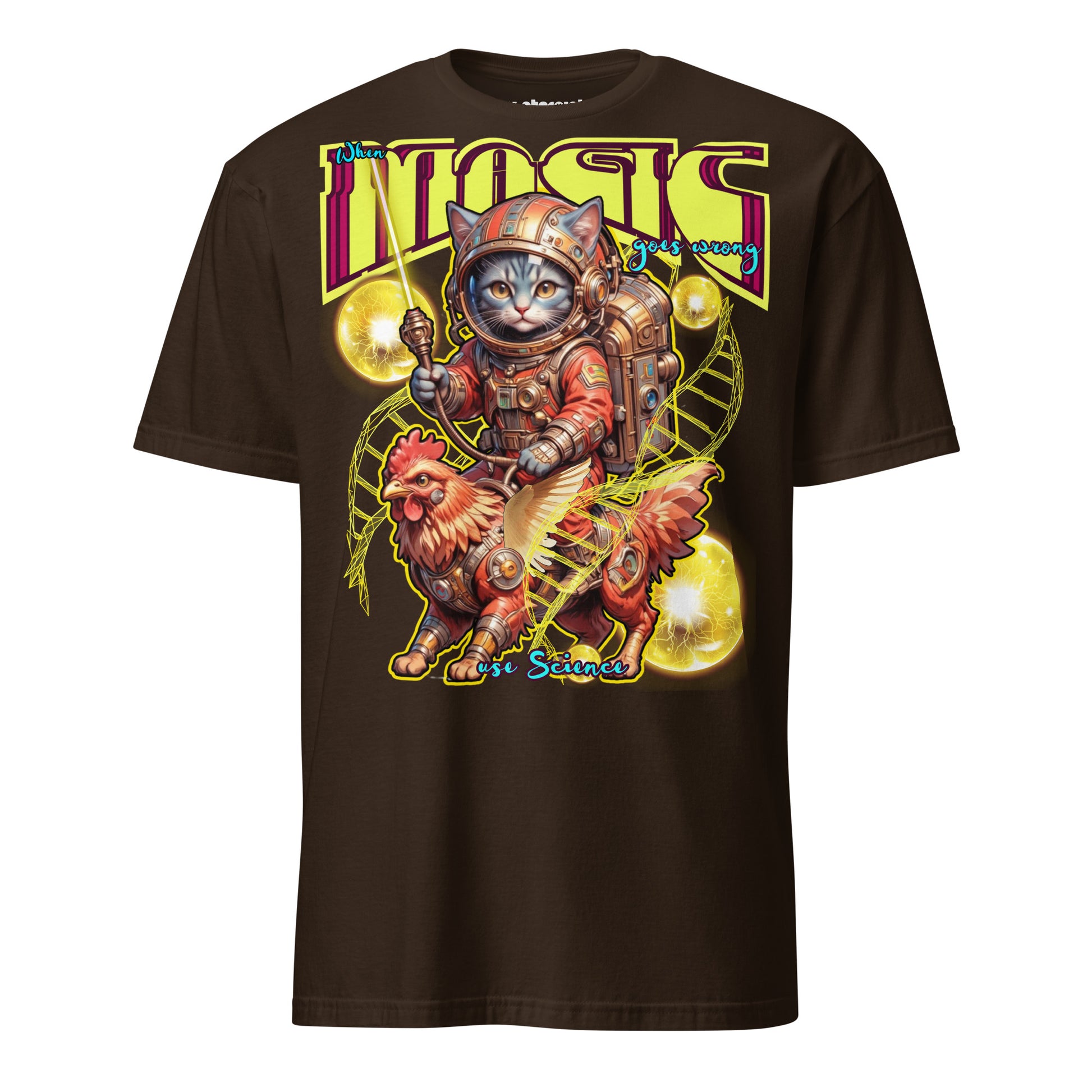 Winterpink T-Shirt When Magic Goes Wrong: Use Science – Space-Katze im Suit auf rooster-mech-Greif, DNA-Stränge & Cosmic Orbs, Science trifft Magie