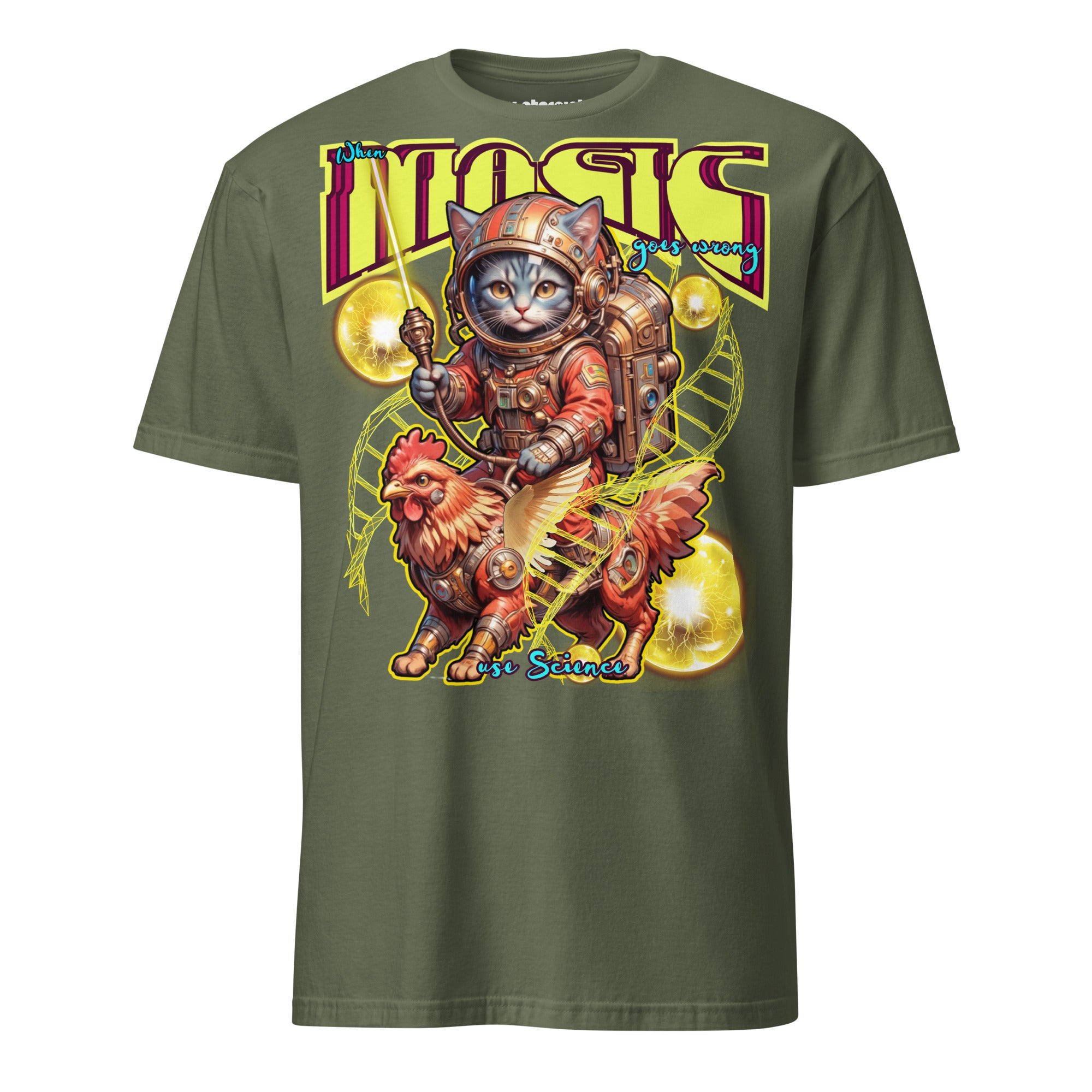 Winterpink T-Shirt When Magic Goes Wrong: Use Science – Space-Katze im Suit auf rooster-mech-Greif, DNA-Stränge & Cosmic Orbs, Science trifft Magie