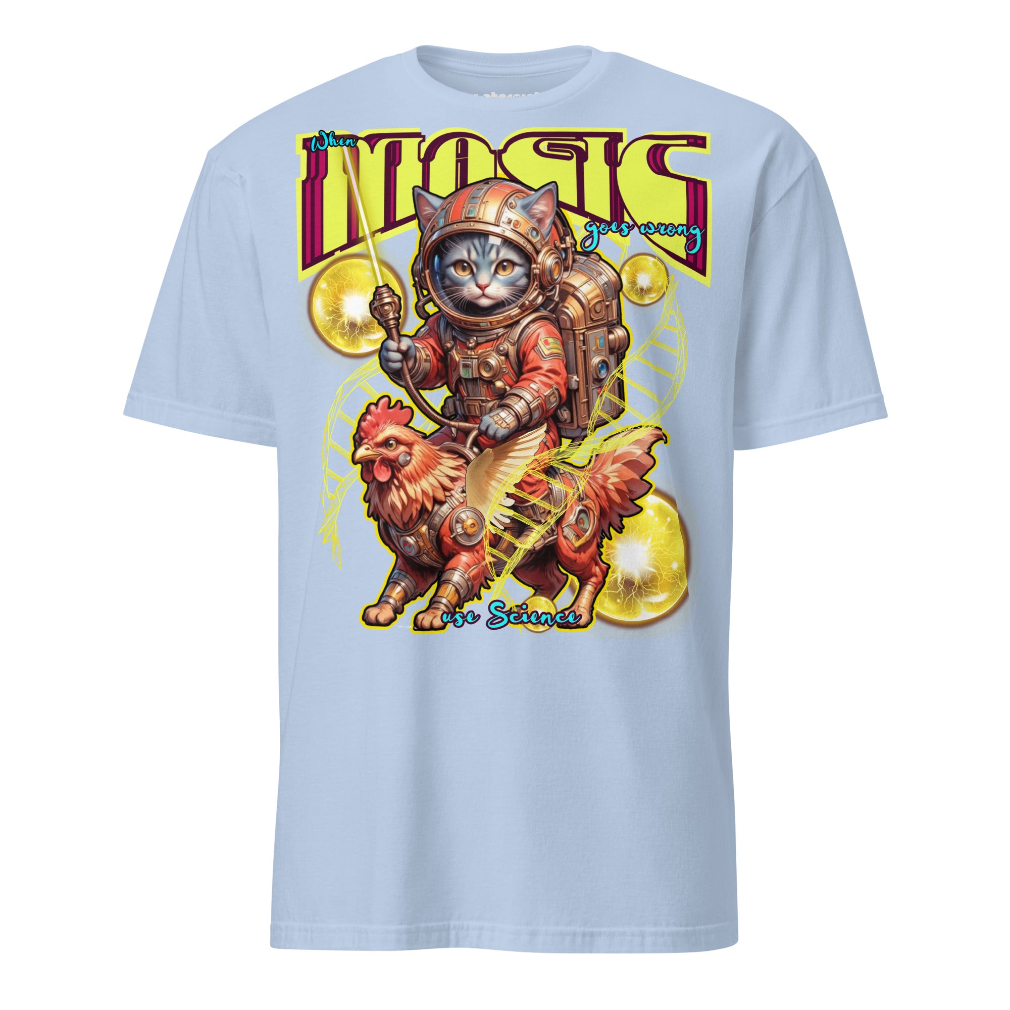 Winterpink T-Shirt When Magic Goes Wrong: Use Science – Space-Katze im Suit auf rooster-mech-Greif, DNA-Stränge & Cosmic Orbs, Science trifft Magie