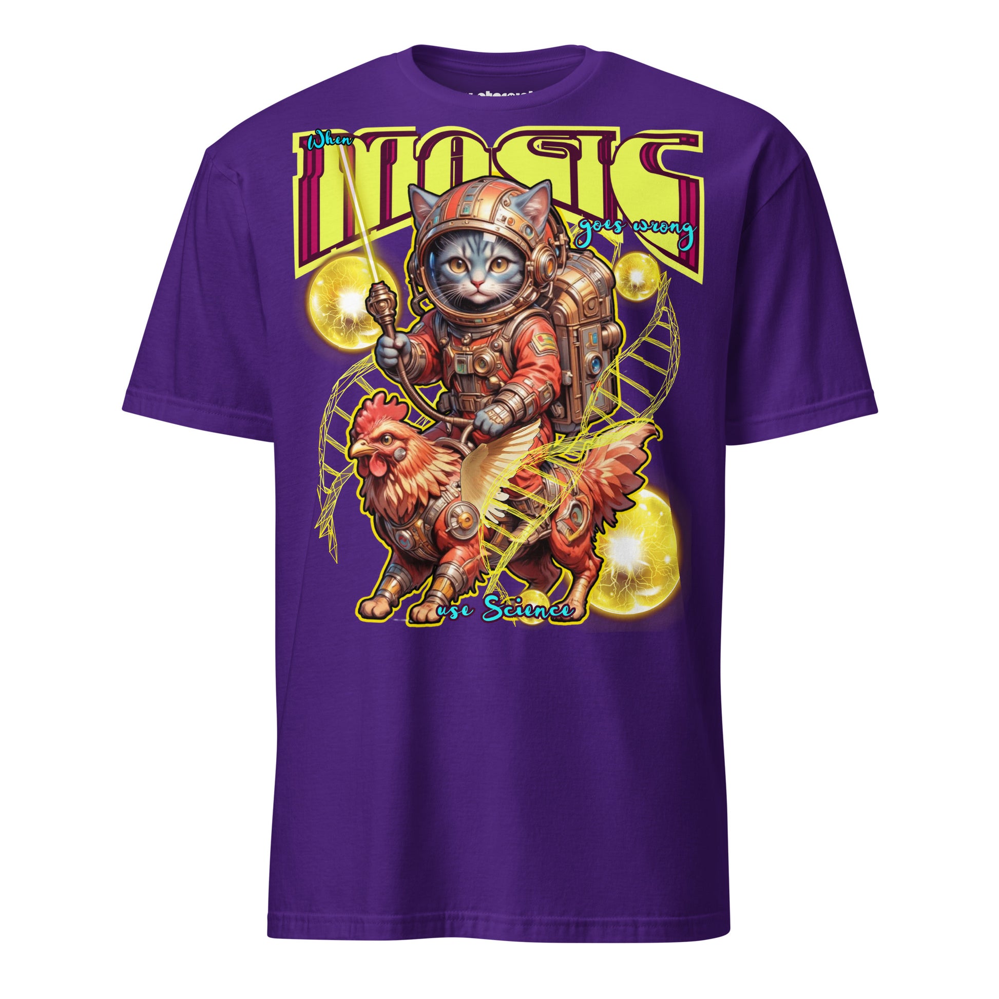 Winterpink T-Shirt When Magic Goes Wrong: Use Science – Space-Katze im Suit auf rooster-mech-Greif, DNA-Stränge & Cosmic Orbs, Science trifft Magie