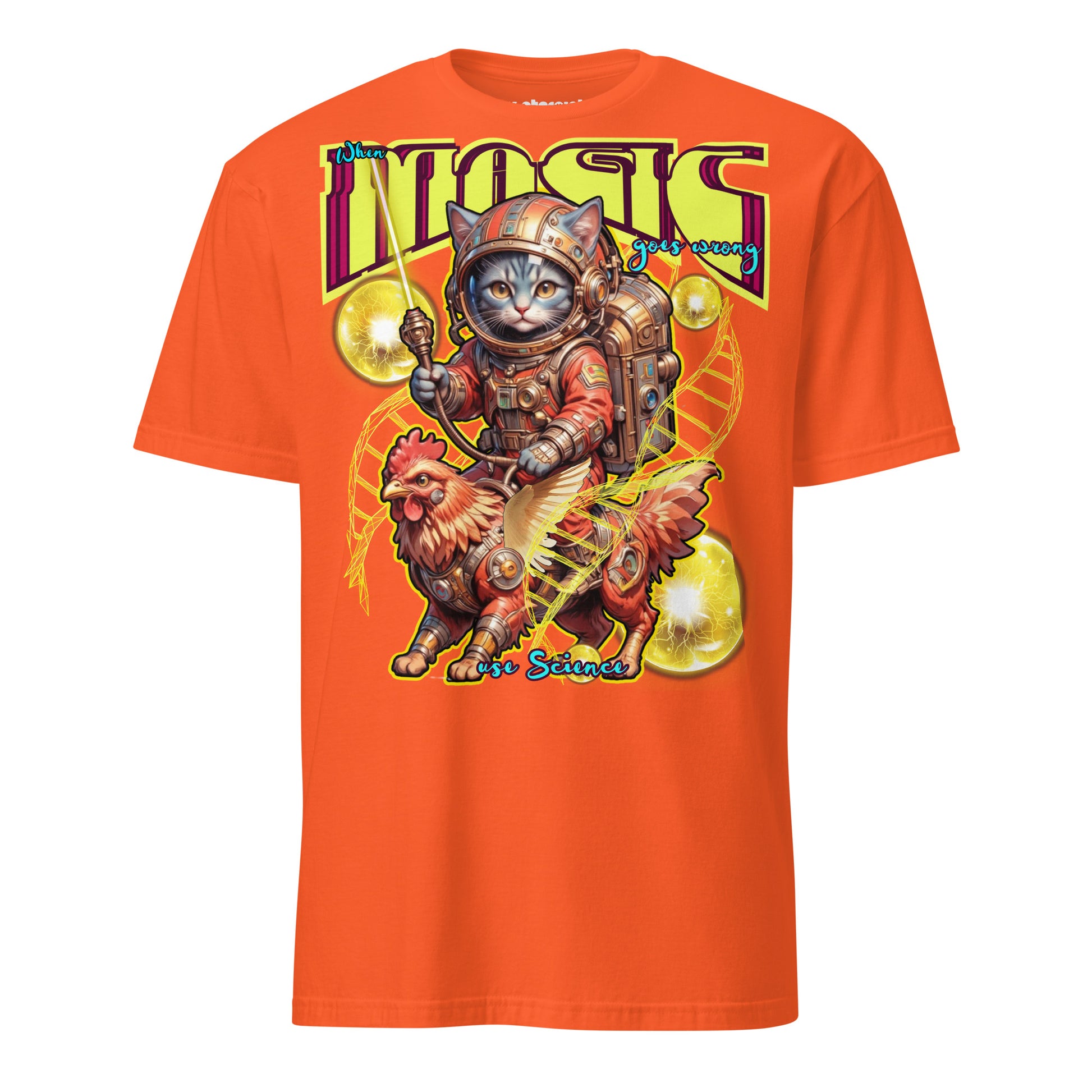 Winterpink T-Shirt When Magic Goes Wrong: Use Science – Space-Katze im Suit auf rooster-mech-Greif, DNA-Stränge & Cosmic Orbs, Science trifft Magie