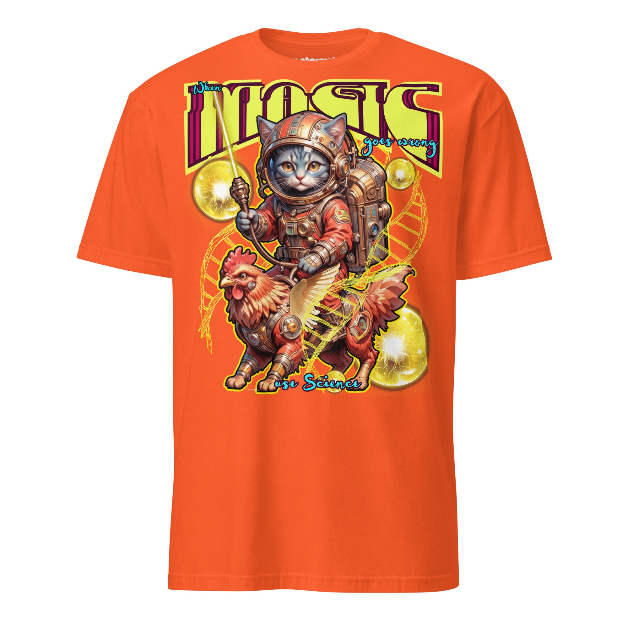 Winterpink T-Shirt When Magic Goes Wrong: Use Science – Space-Katze im Suit auf rooster-mech-Greif, DNA-Stränge & Cosmic Orbs, Science trifft Magie