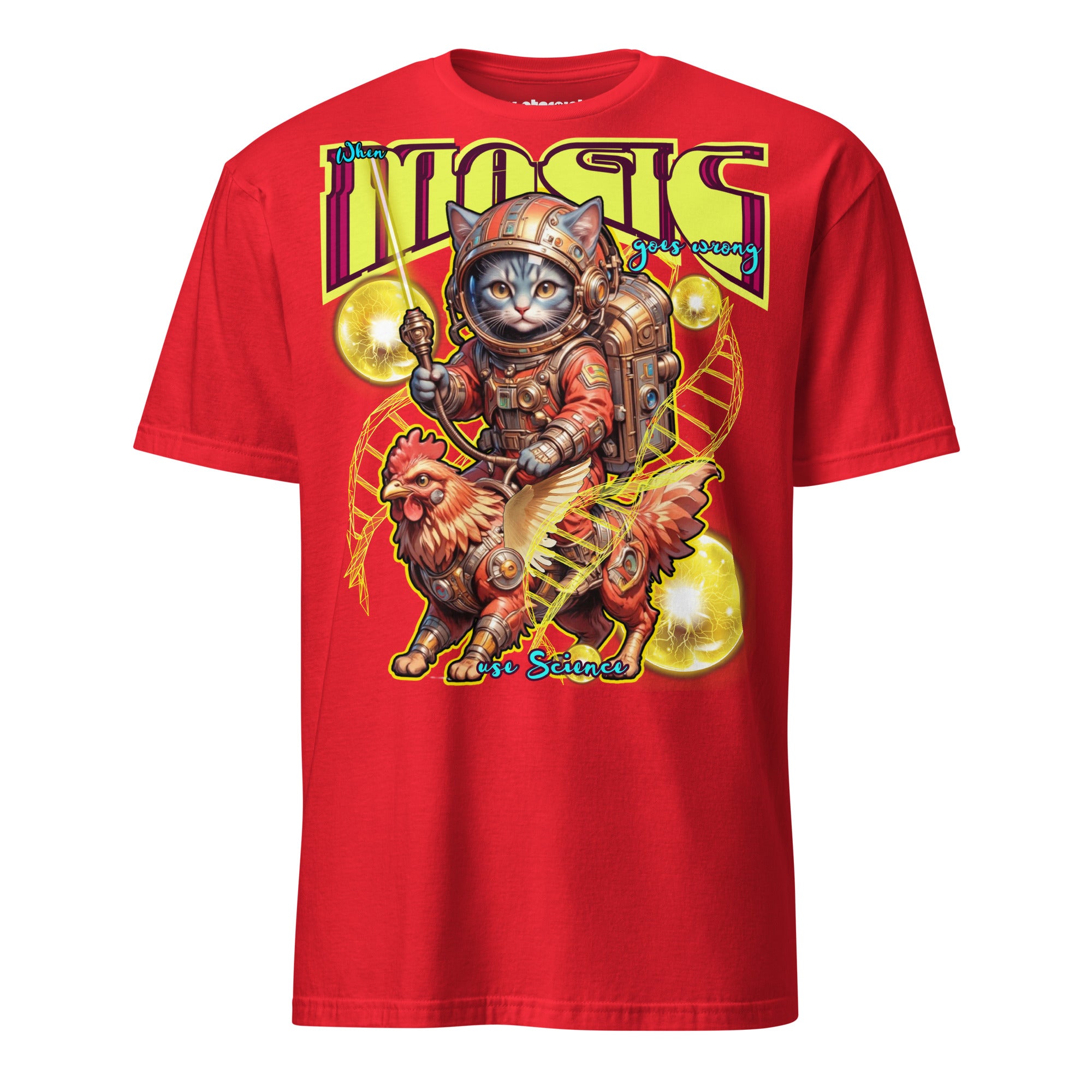 Winterpink T-Shirt When Magic Goes Wrong: Use Science – Space-Katze im Suit auf rooster-mech-Greif, DNA-Stränge & Cosmic Orbs, Science trifft Magie
