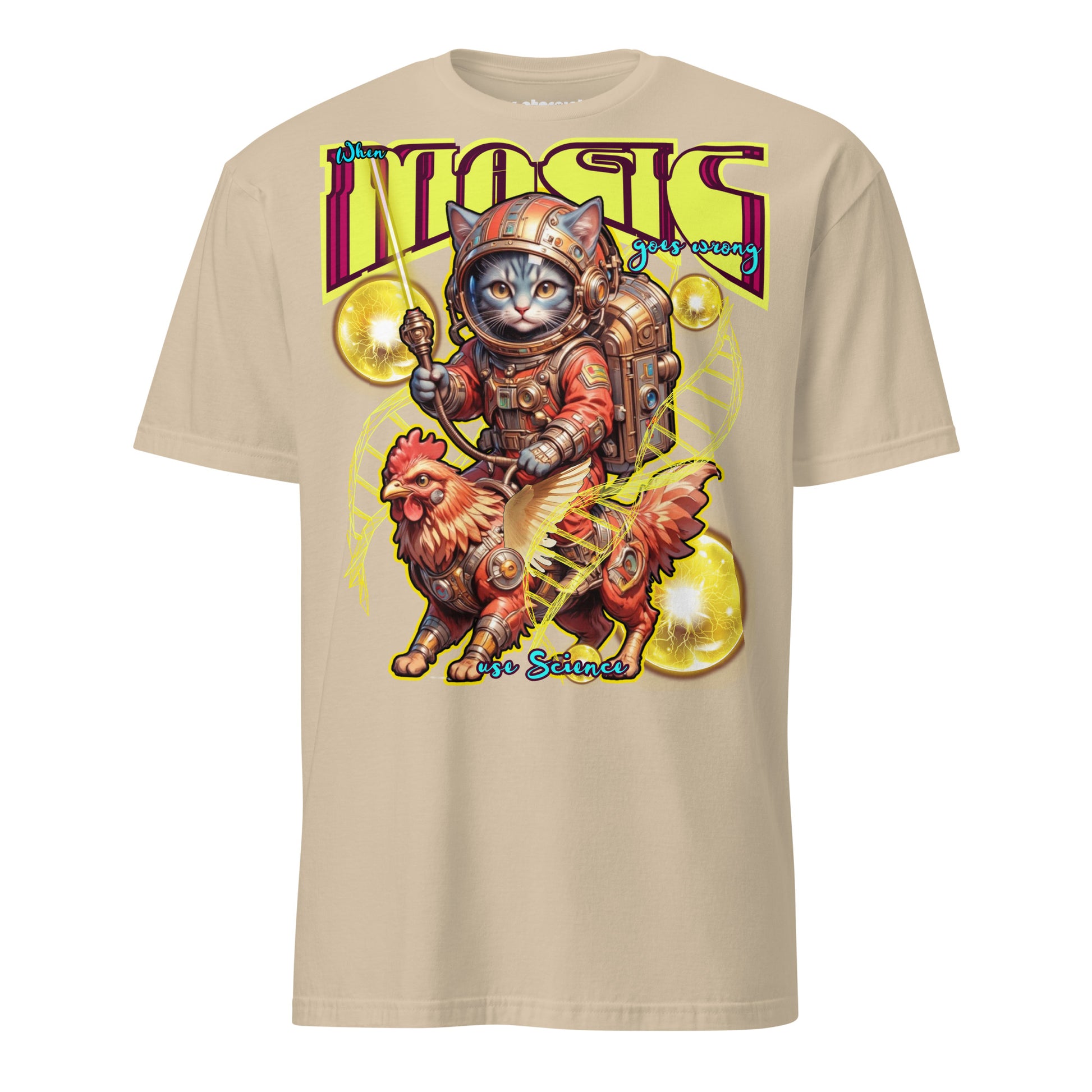Winterpink T-Shirt When Magic Goes Wrong: Use Science – Space-Katze im Suit auf rooster-mech-Greif, DNA-Stränge & Cosmic Orbs, Science trifft Magie
