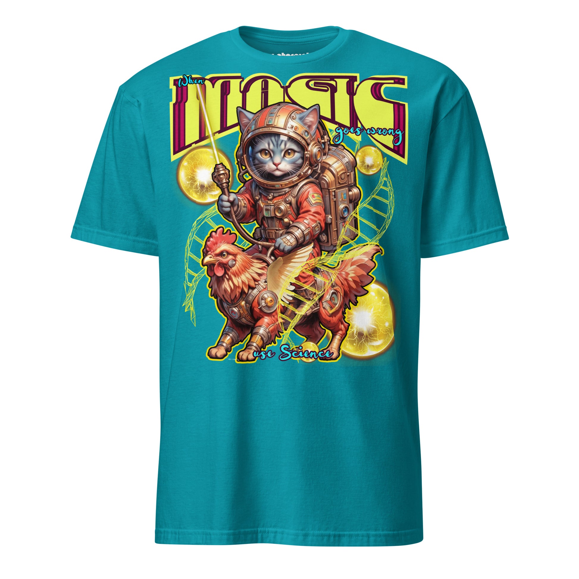 Winterpink T-Shirt When Magic Goes Wrong: Use Science – Space-Katze im Suit auf rooster-mech-Greif, DNA-Stränge & Cosmic Orbs, Science trifft Magie