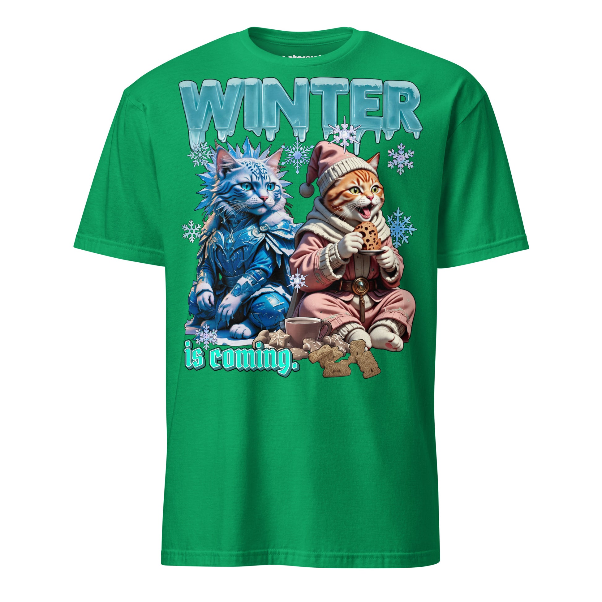 Winterpink T-Shirt Winter is coming – zwei Katzen, eine im Frostlord-Style, eine mit Keks & Tee, gemütliches Winter-Motiv